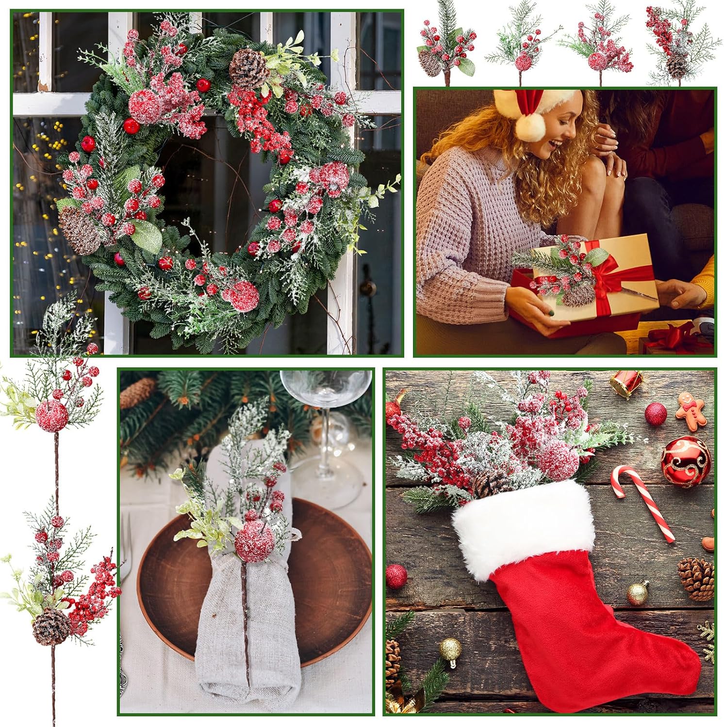 16 Pcs Christmas Pine Cones Picks Artificial Berries Sprays Branches Faux Greenery Floral Stems Snowy Holly Pine Needles for Xmas Tree Wreath Garland Craft Decor(Novelty Snowy Style)