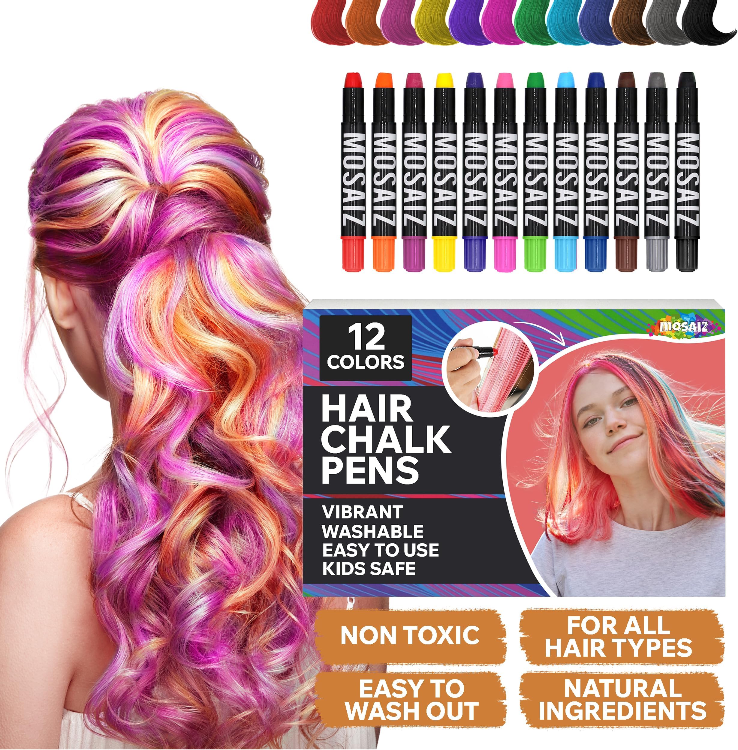 Hair Chalk for Girls & Boys 12 Colors (with Black & Brown) Washable Temporary Hair Color for Kids Hair Dye Marker Pen Dark or Blonde Teen Girls Birthday Gift Painting Wig Face Paint Party Spa Crayon