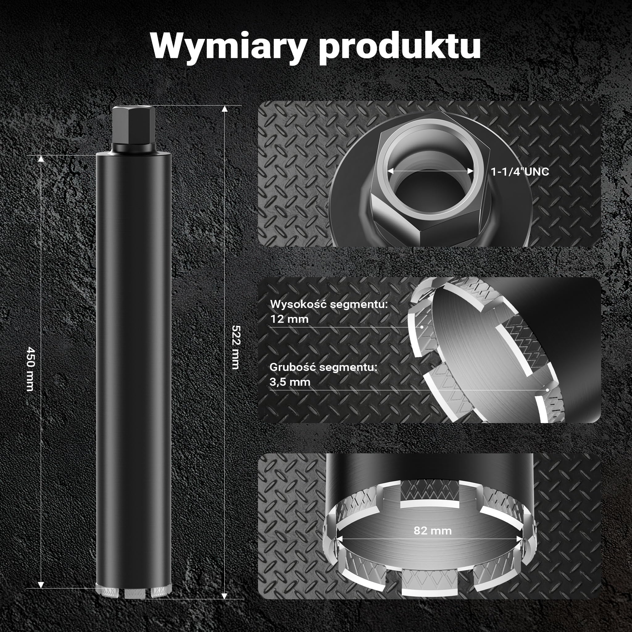Wiltec Wiertło diamentowe koronowe typu Mesh Ø 82 mm o długości 450 mm, 1¼ UNC, do wiercenia w betonie, kafelkach, kamienia i granitu