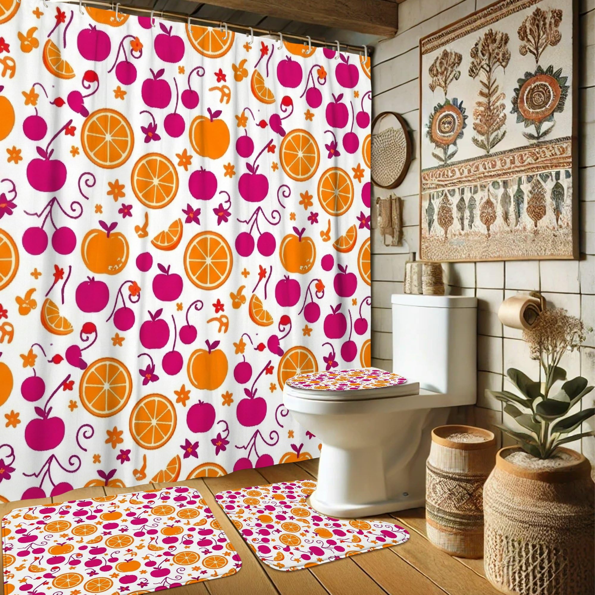 Rideau de douche orange et tapis décoratif pour rafraîchir une chambre d'amis