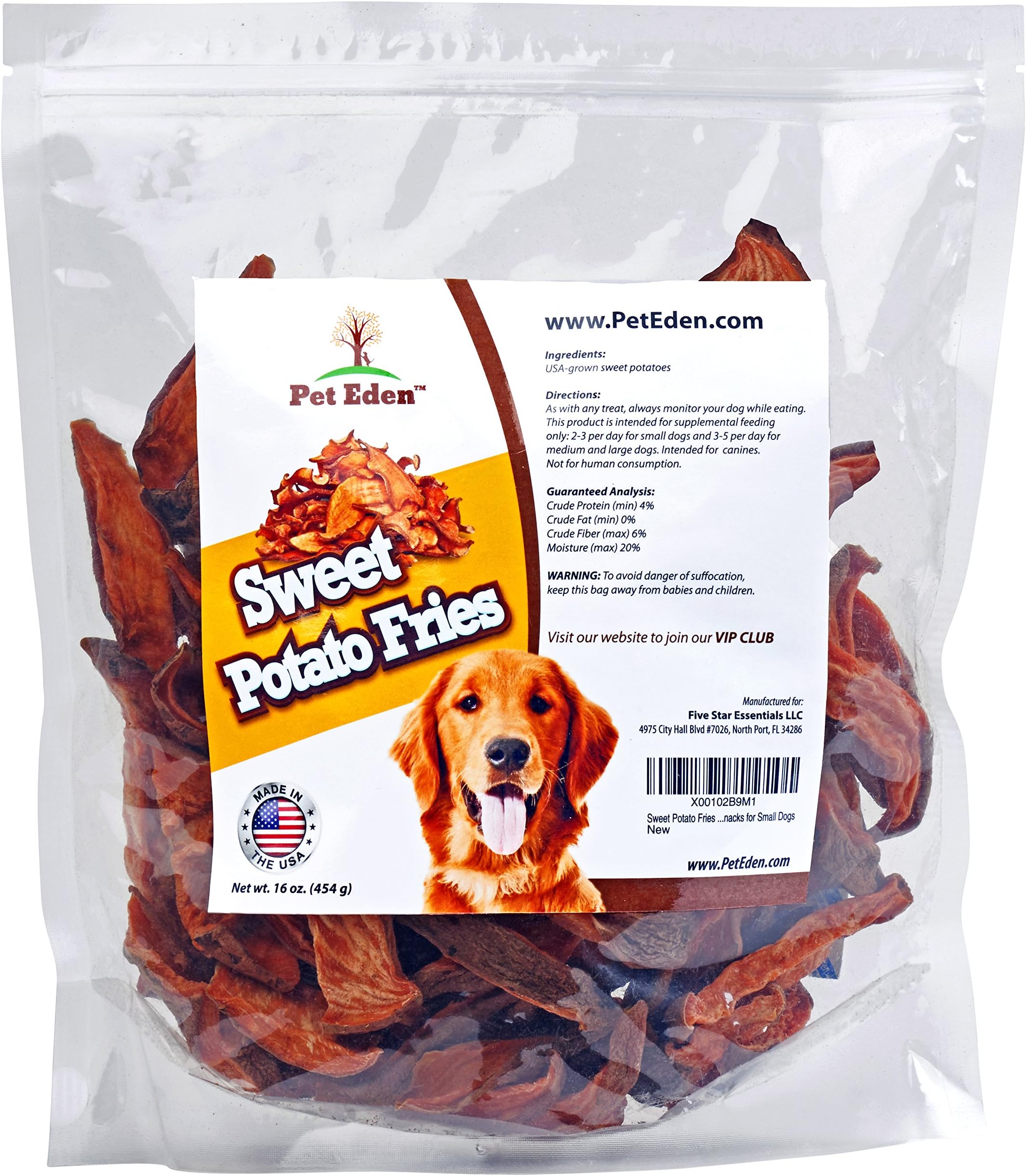 Pet Eden Sweet Potato Fries Dog Treats Made in USA Only, Best Grain Free Natural Healthy Snacks for Small Dogs, 1 lb, Free of Fillers, No Additives or Preservatives, Premium Vegan Dog Treat