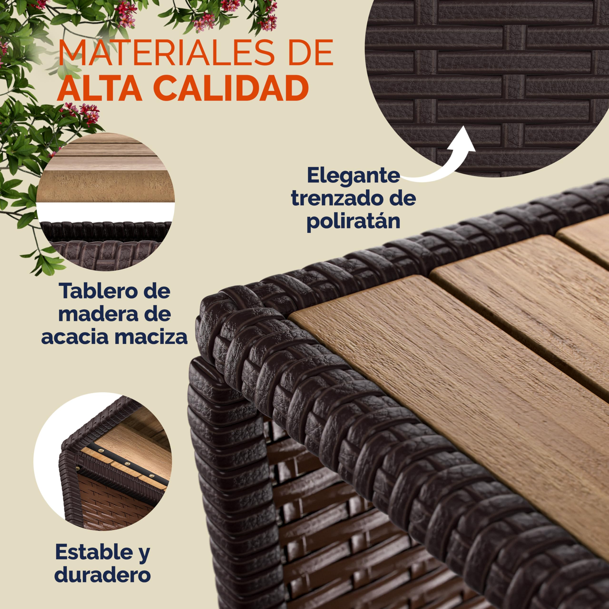 CASARIA® Mesa Auxiliar Jardín 45x45x40cm Poliratán Tablero Madera Acacia Mesa Exterior Balcón Carga 80kg Resistente Intemperie Marrón