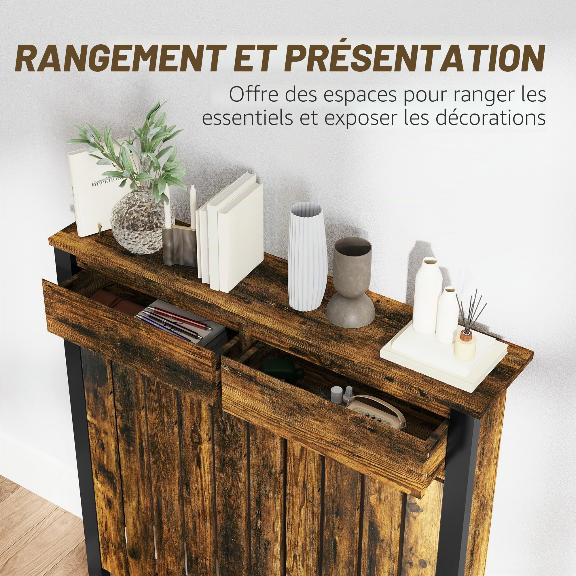 HOMCOM Cache-radiateur avec tiroir, Petit, 88,5x19x93cm, Brun Rustique