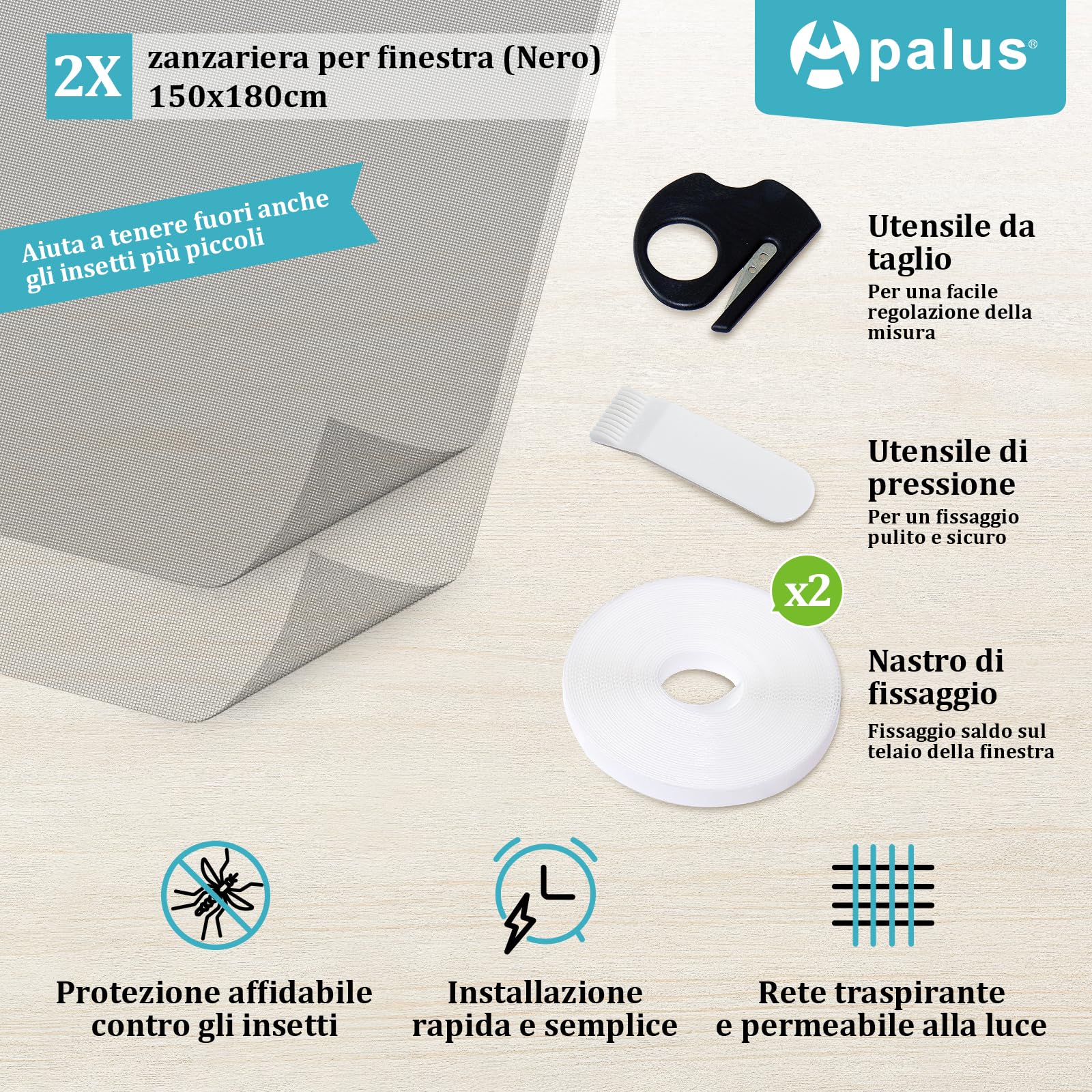 Apalus Zanzariera Universale Finestra 150 x 180 CM, Set 2 Pezzi – Rete Zanzariera Fissa Regolabile - CON Taglierino e Smoother per Installazione, Nera