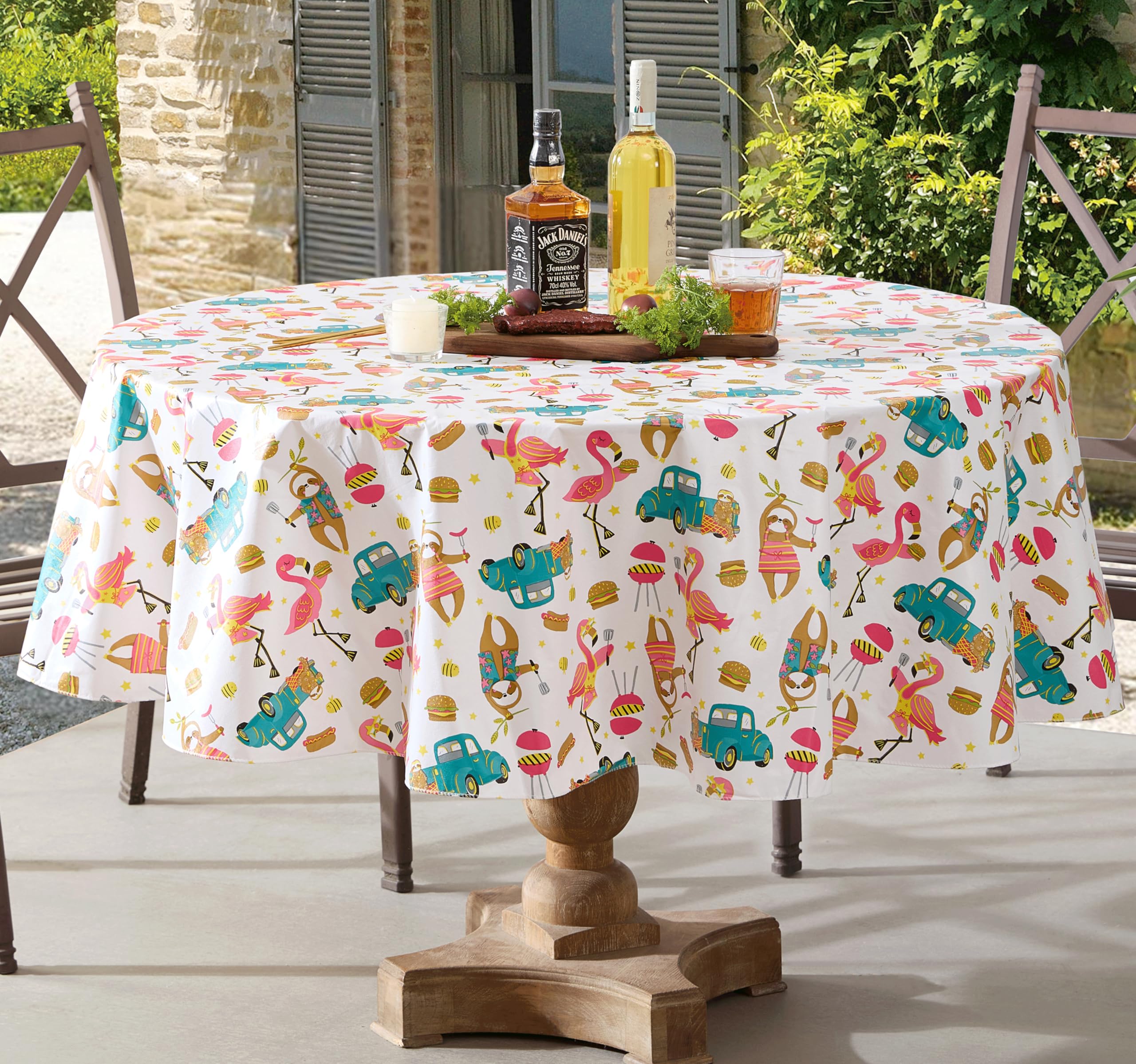Newbridge Round Vinyl Flannel Backed Tablecloth, 70 Inch, What’s Cookin, Indoor Outdoor Vinyl Waterproof Table Cloth, Party Animals Flamingos and