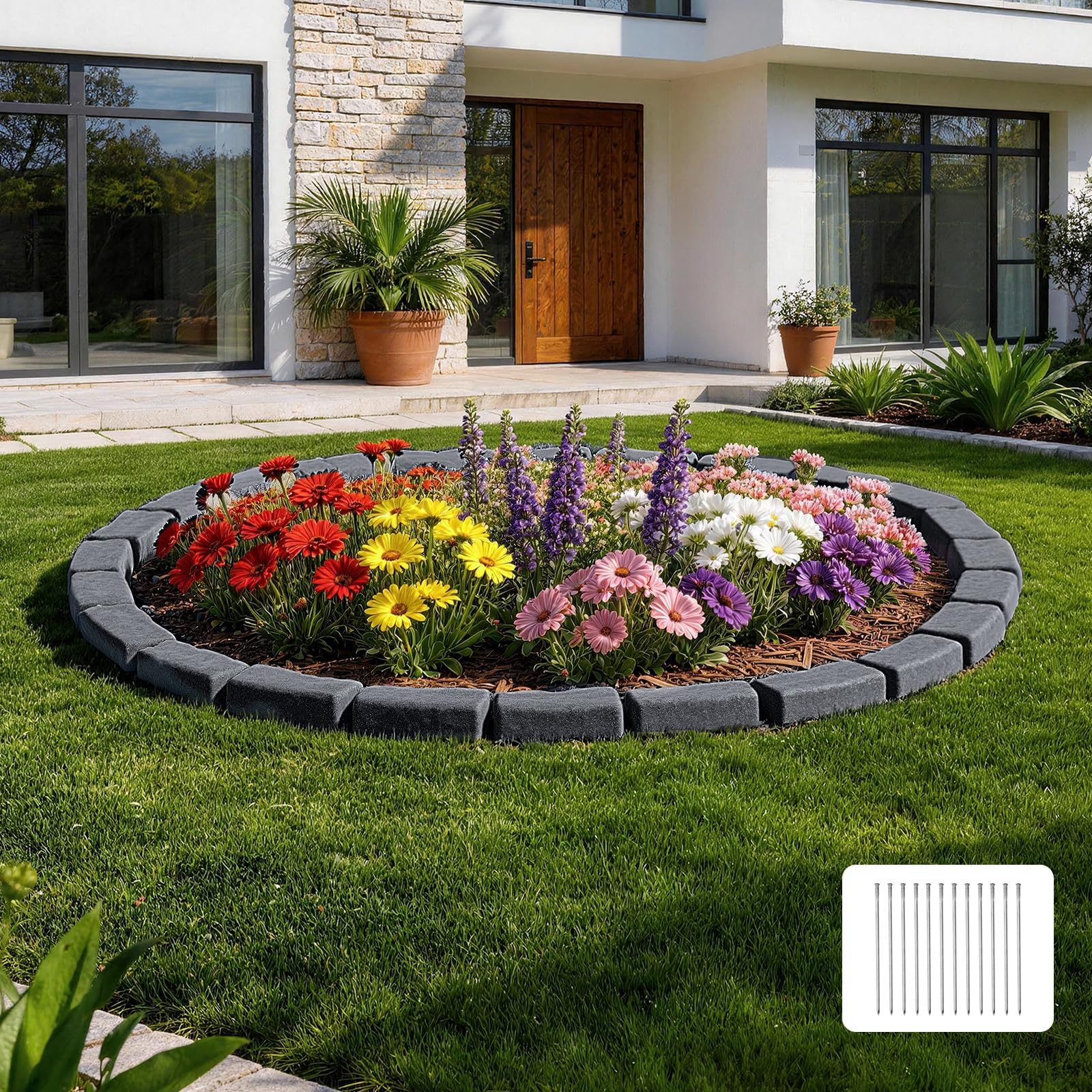 VEVOR Beeteinfassung in Steinoptik, 4,7 m, Beetumrandung ohne Graben, Rasenkante für Rasen, Blumenbeete & Garten, 4er-Pack (je 6 Steine ​​à 118x9,5x5,7 cm), 12 Befestigungsspitzen, Anthrazit