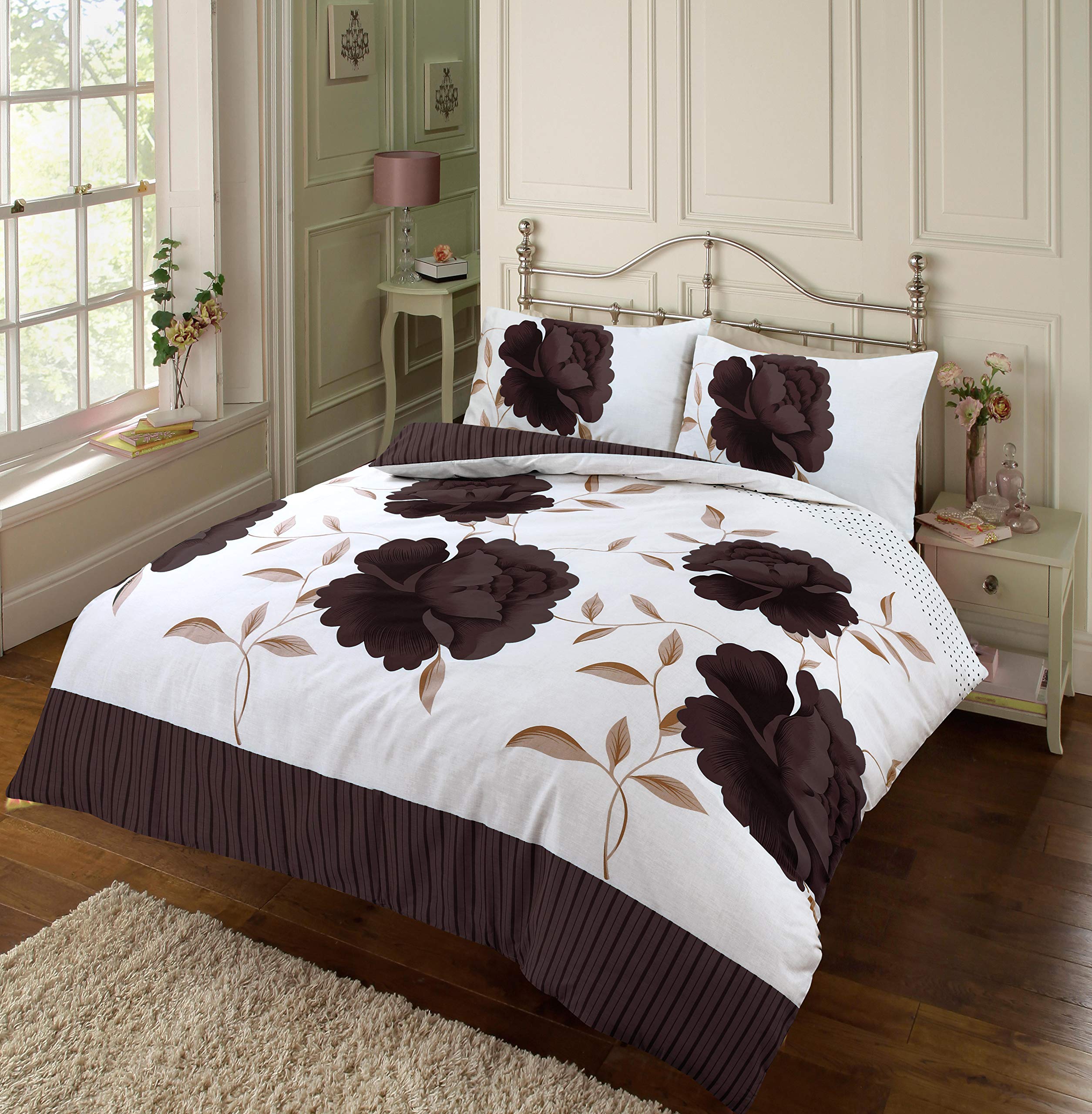 EHD Rosaleen Floral Pattern Modern Stylish Duvet Cover Sets Quilt Cover Sets Reversible Bedding Sets By NZ (Chocolate, King)