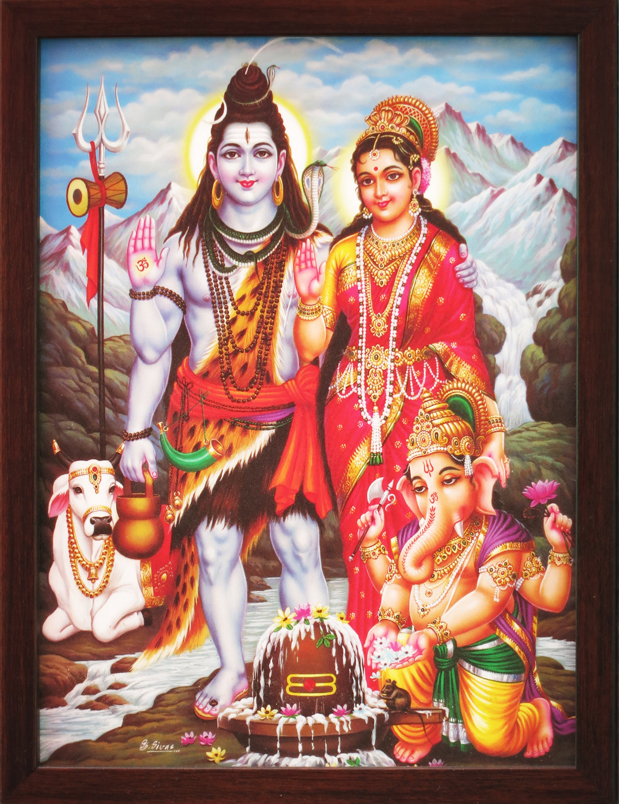 Lord Bal Ganesha Offering Milk to Shivling and Shiva & Parvati Giving Blessings, a Poster Painting with Frame for Hindu Religious Worship Purpose