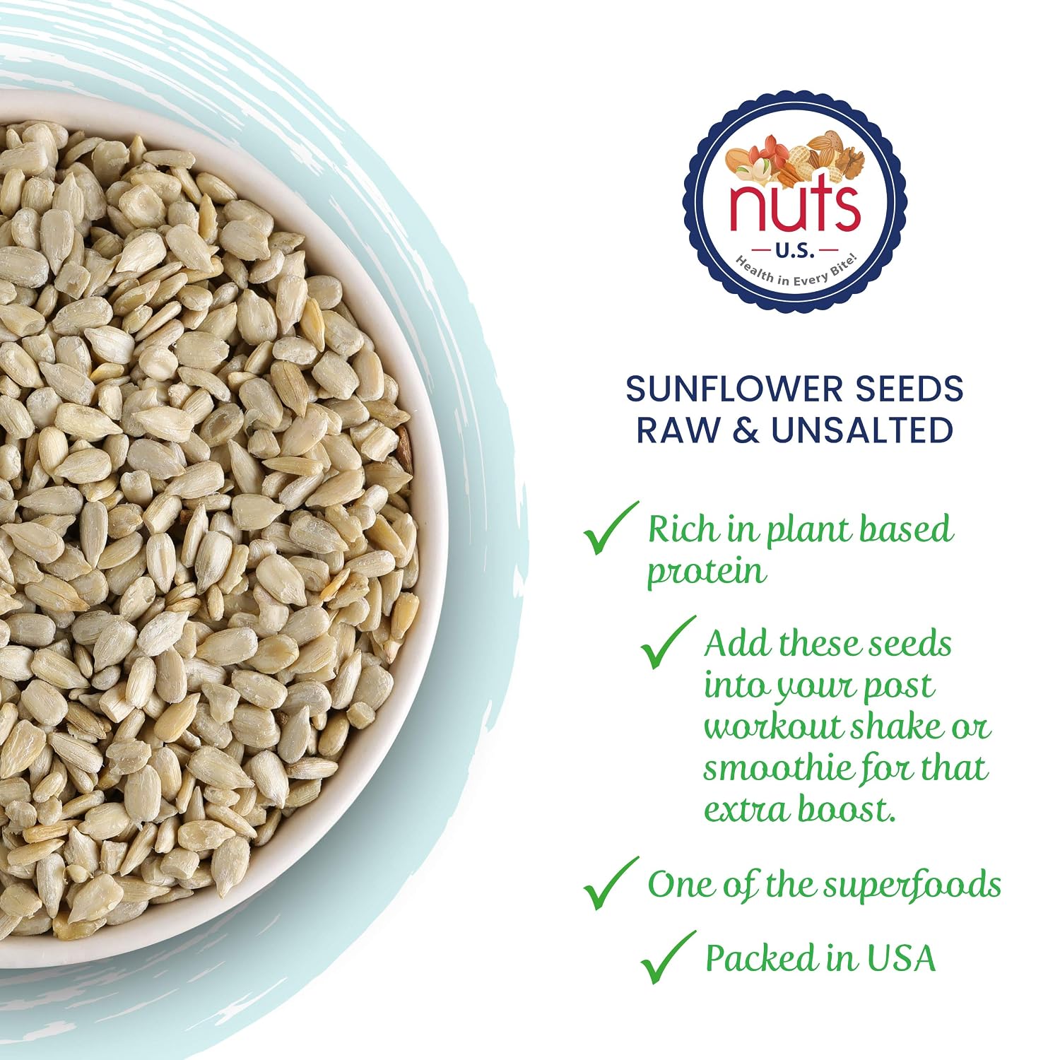 NUTS U.S. - Sunflower Kernels, Raw, A Rich Source of Protein, USA Grown and Packed in Resealable Bags!!! (2 LBS)