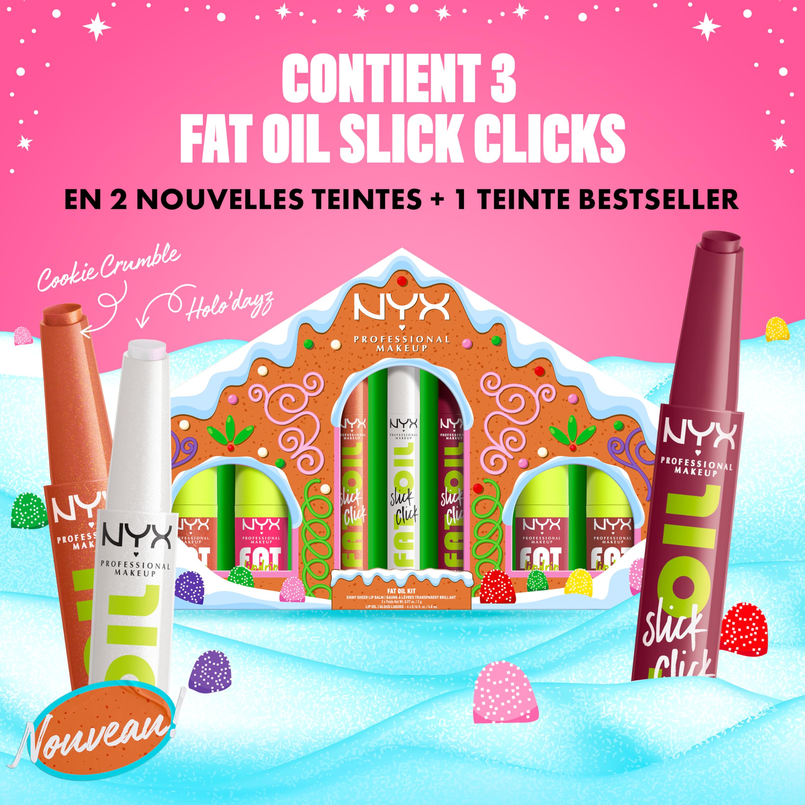 NYX Professional Makeup Holiday Fat Gingerbread House Kit Cofanetto Regalo Natale con 4 Gloss Fat Oil Lip Drip e 3 Balsami Labbra Fat Oil Slick Click - Confezione da 7