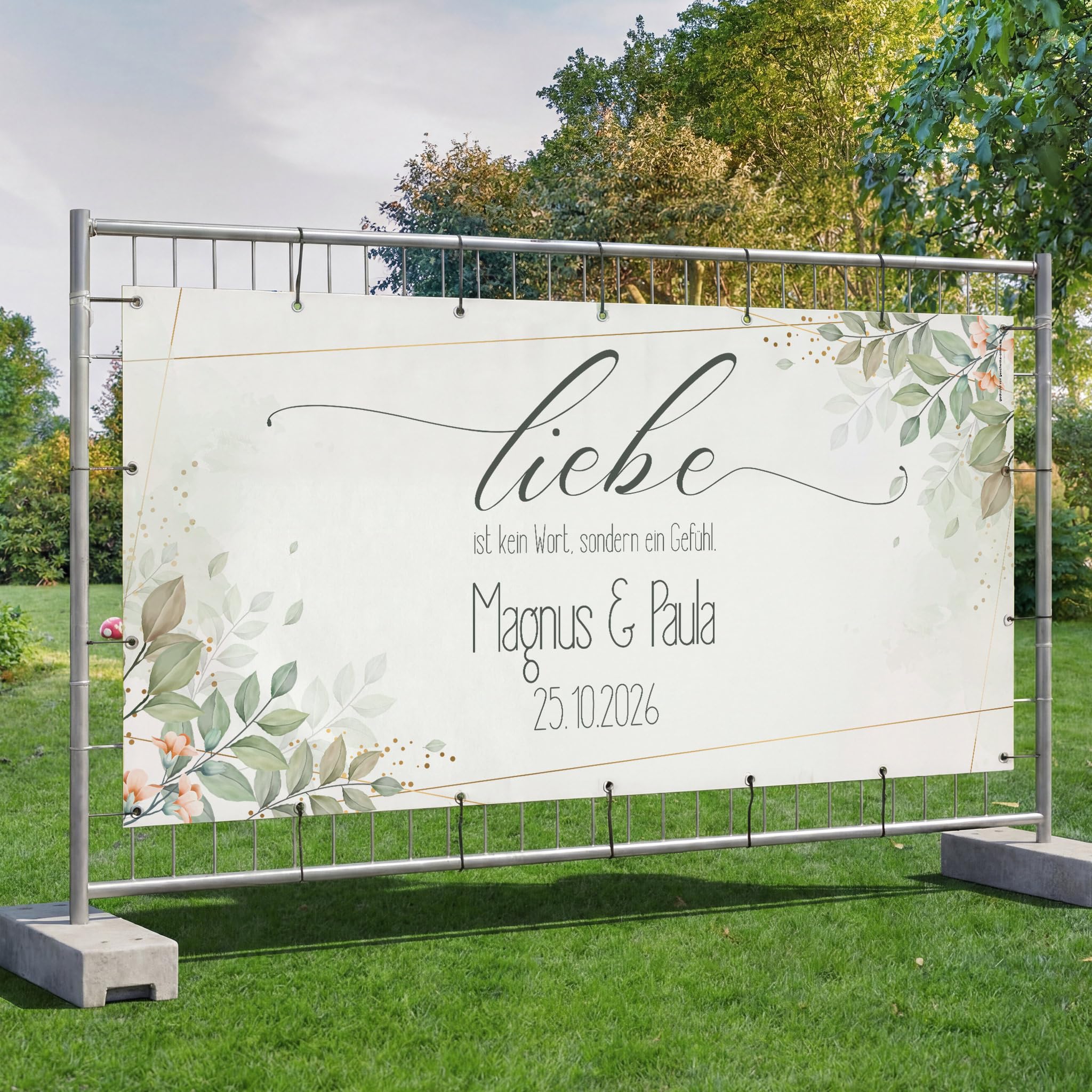 Herz & Heim® Bauzaunbanner Hochzeit personalisiert mit Namen & Datum – XXL Hochzeitsbanner für Außenbereich – Banner wetterfest als Hochzeitsdeko für Garten & Location
