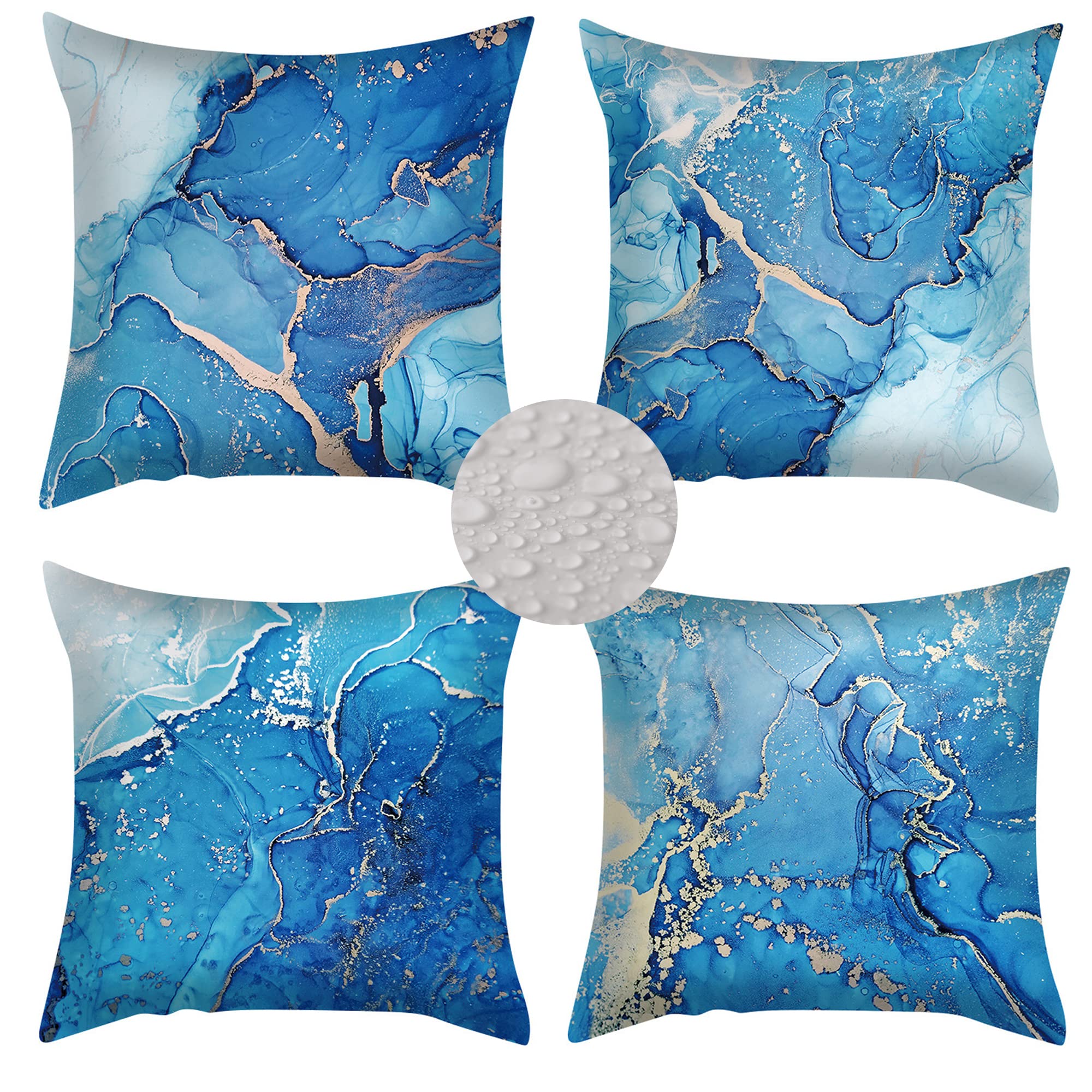 VIGVOG Marble Decent Blue Decorative Throw Pillow Covers, Waterproof Modern Accent Pillow Cases, Cotton Square Cushion Covers for Patio Garden Couch Sofa , 18 X 18 Inch, Pack of 4