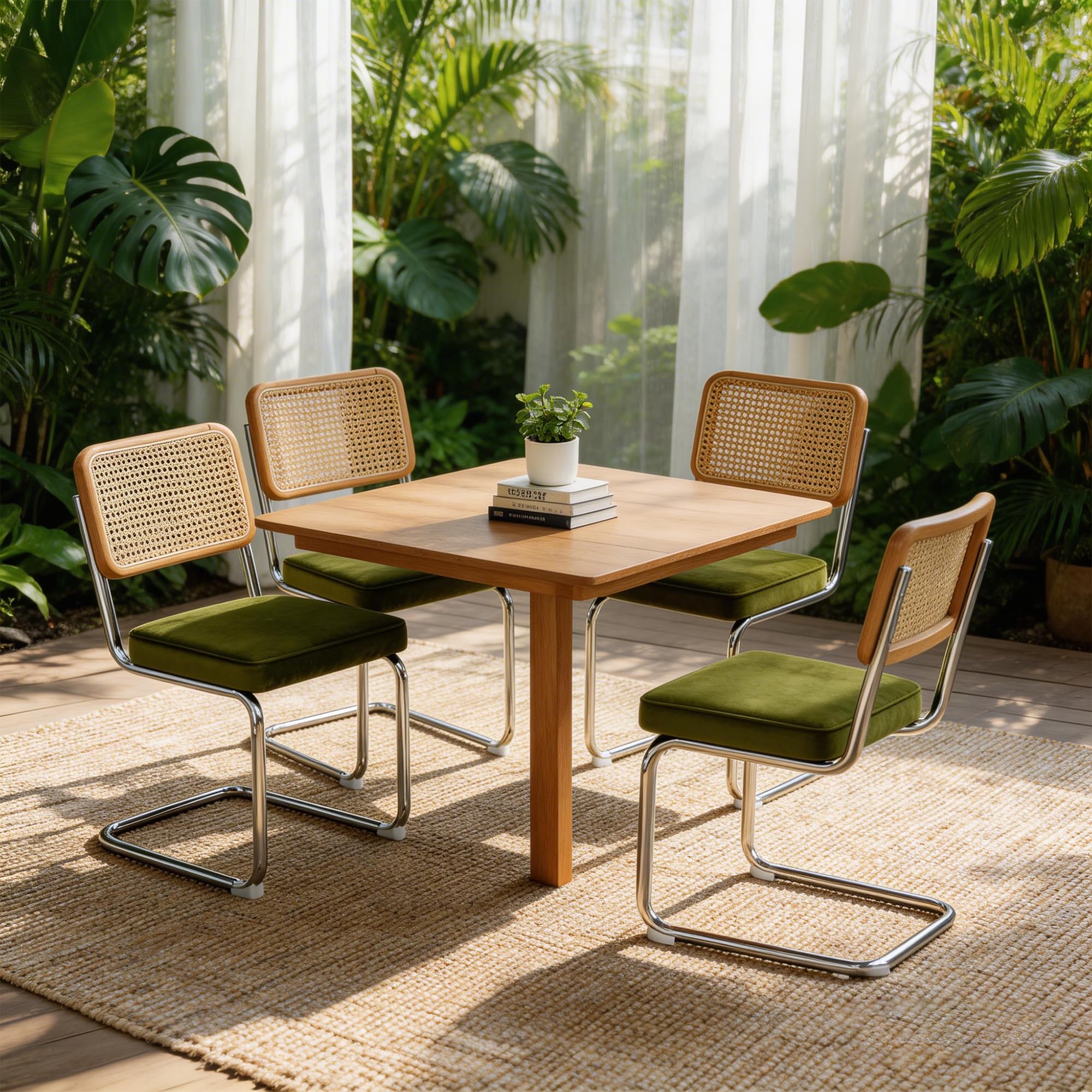 Bladez Juego de 4 sillas de comedor cantilever de terciopelo y ratán, trenzado vienés, con estructura cromada, sillas cantilever Mid-Century, para comedor, sala de estar (verde)