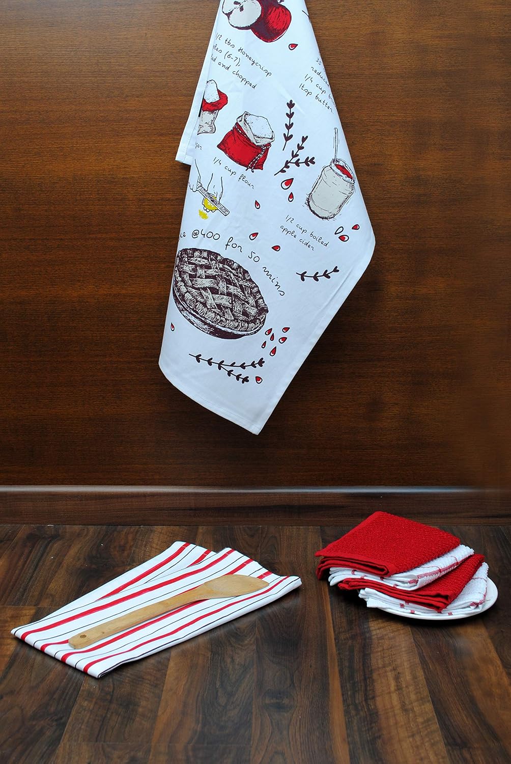 AMOUR INFINI Cotton Kitchen Towels and Dishcloths 6 Piece - 4 Terry Dishcloths (12” x 12”) and 2 Cotton Kitchen Towels (28” x 18”) for Gifting and Decor (Apple Pie)