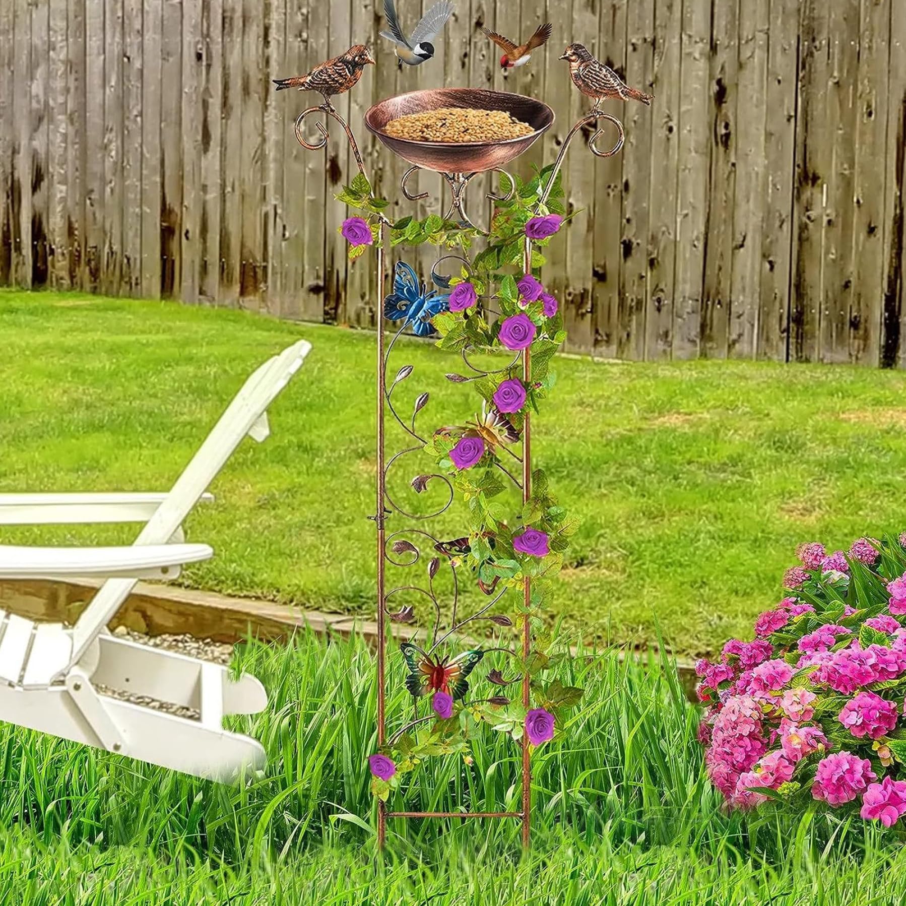 Baignoire d'oiseaux avec treillis de jardin, treillis de jardin en métal de 1 m / 40 pouces avec plateau de bains d'oiseau de 7,3 pouces, mangeoire à eau d'oiseau détachable, treillis pour les plante