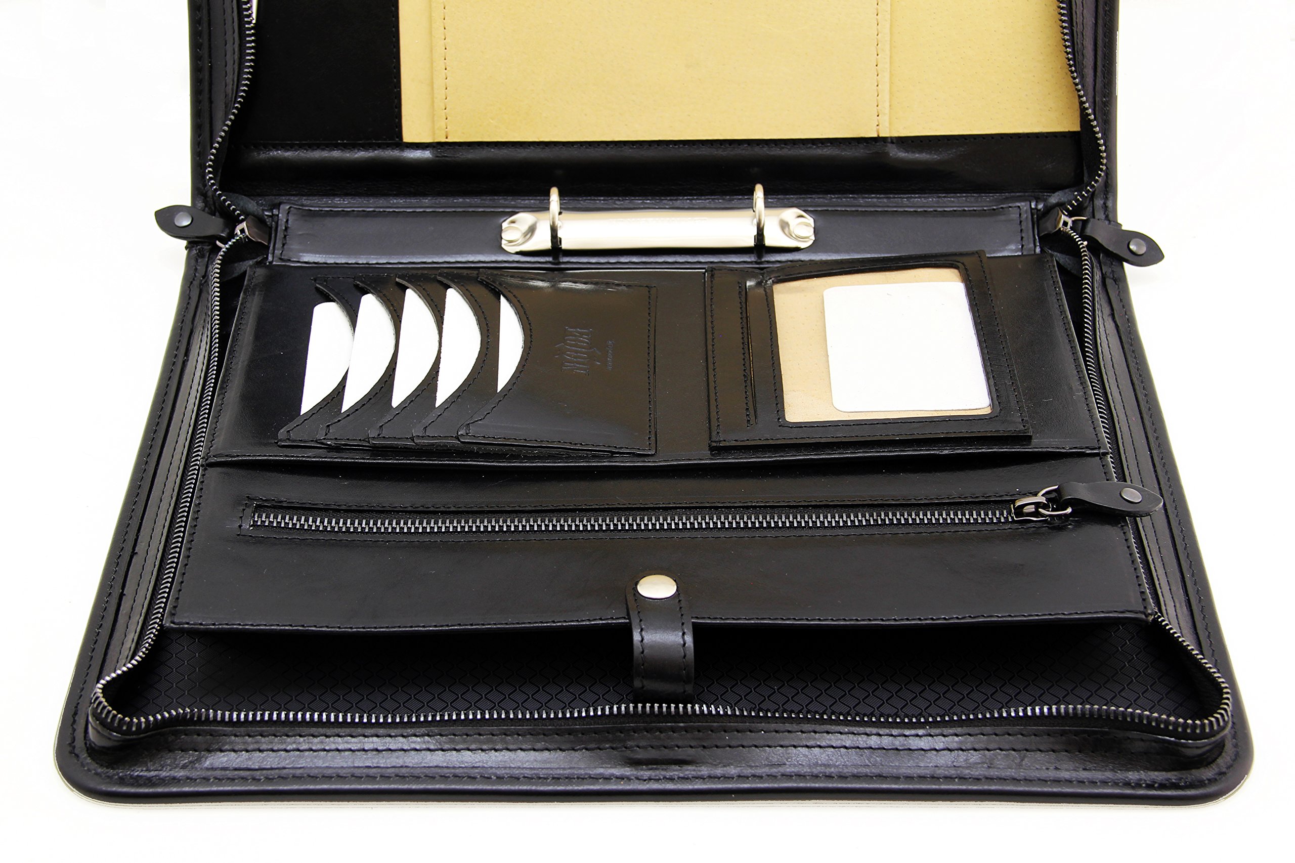 elle italiana portafoglio, con zip, formato A4, 4 Padfolio raccoglitore ad anelli, in pelle Folio con manico Nero
