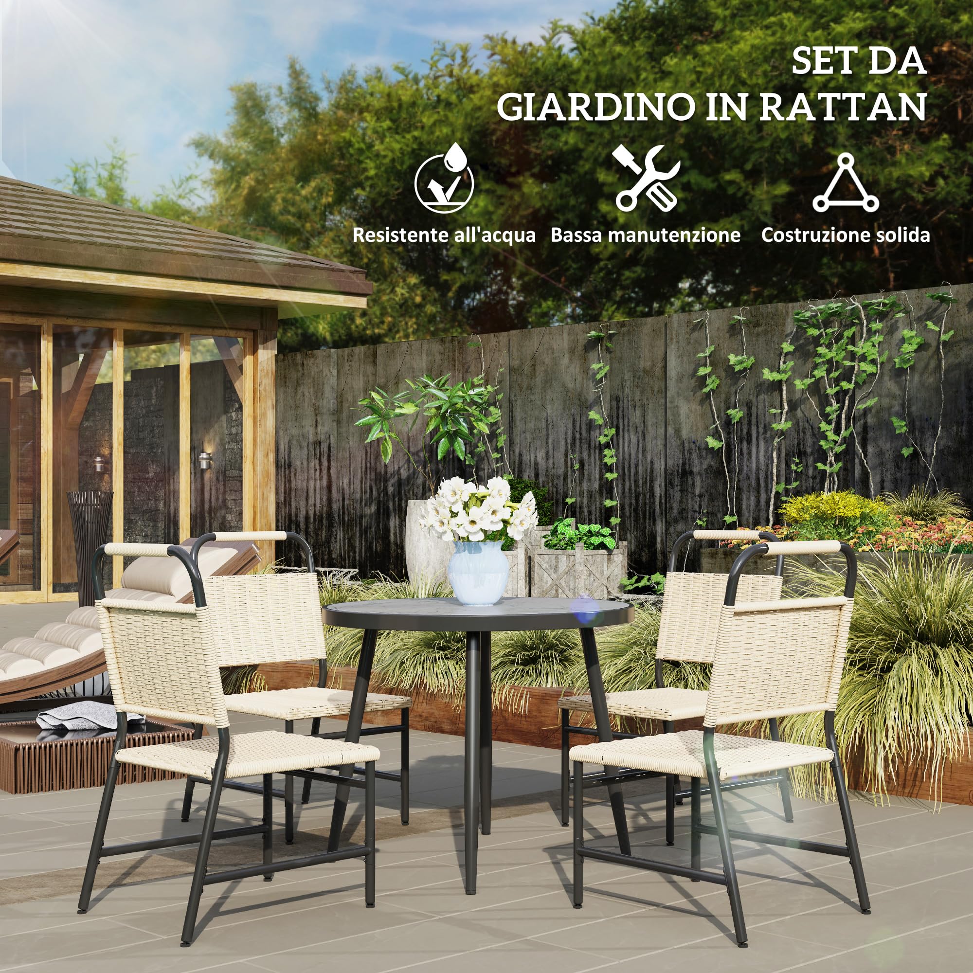 Set Giardino 5 Pezzi Outsunny - Tavolo Rotondo Ø82cm E 4 Sedie Con Cuscini, Rattan E Acciaio - Foto 4