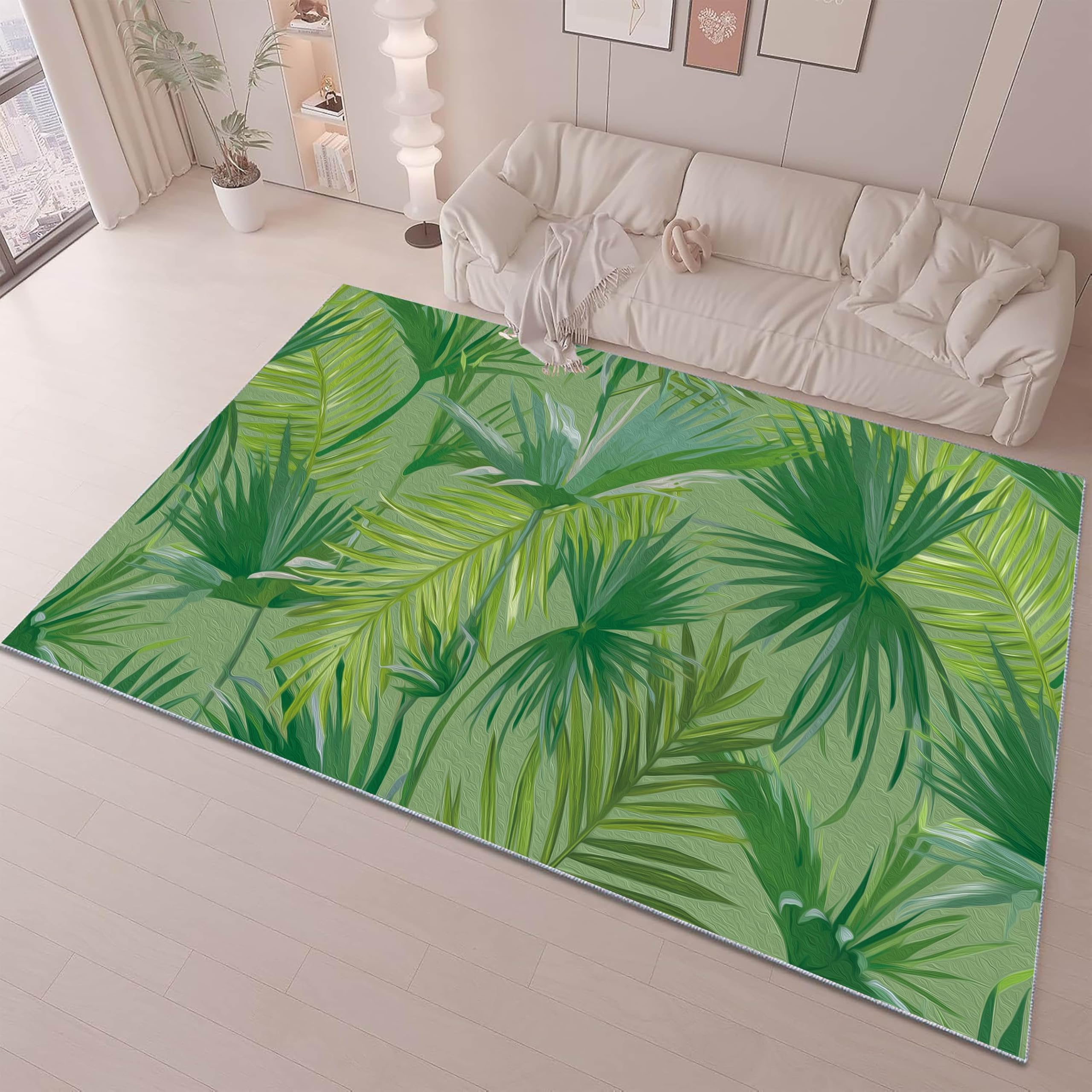 ZCLRUG Green Leaf Non Slip Area Rug, 180 x 300 cm nature plant palm leaves Print Easy Care Rug, Washable soft Low Pile Tropical Watercolor style Floor mat for Bedroom Dining Room Office Carpet