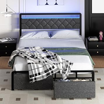 Shintenchi Full Size Bed Frame with Headboard, Metal Platform Bed Frames Full Size with 2 Under-Bed Storage Drawers, LED Lights, Soft Linen, Noise Free, No Box Spring Needed, Easy Assembly,Gray