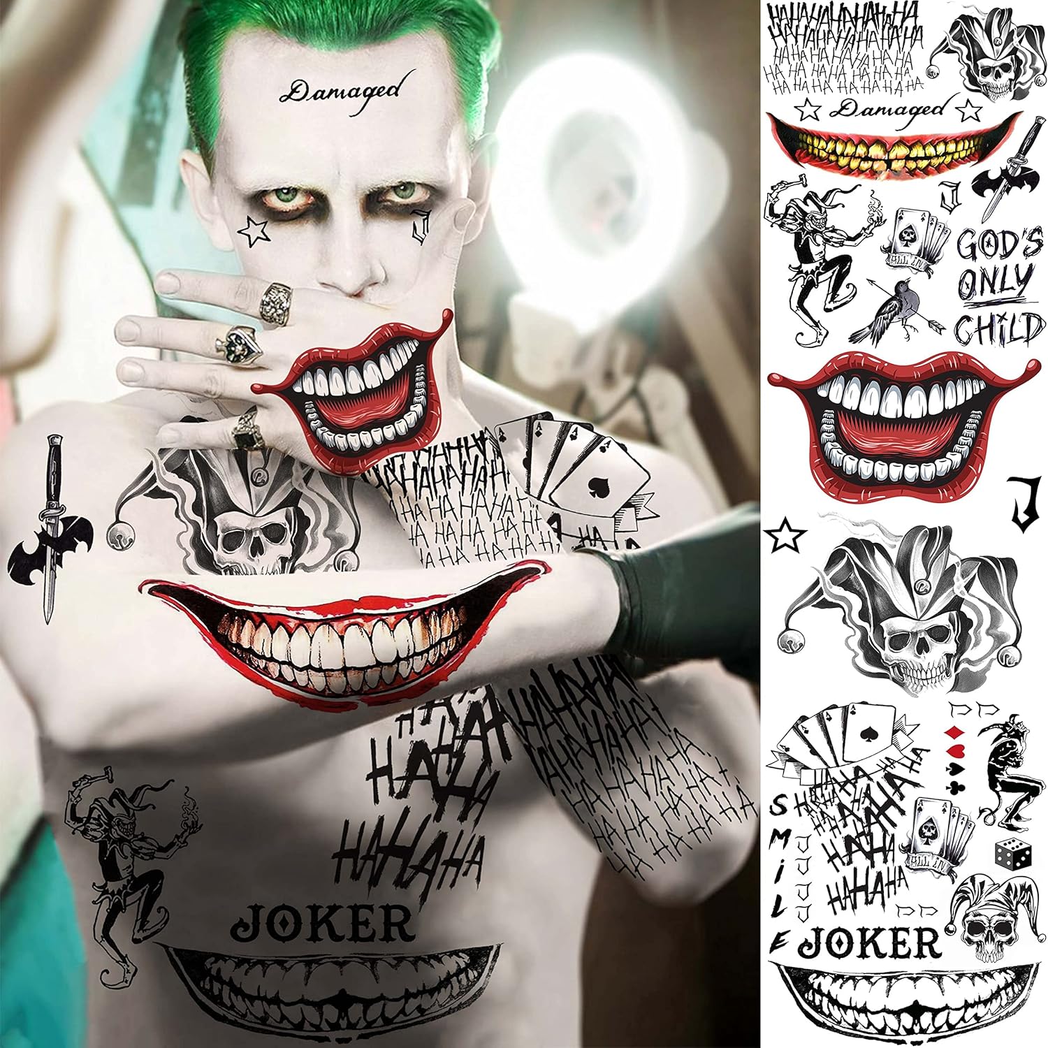 5 Grandes Autocollant De Tatouage Joker, Tatouage Joker, Visage Joker Tatouages, Halloween Clown Tatouage Temporaire, Visage Cicatrice Temporaires Pour Halloween Cosplay Thème De La Fête