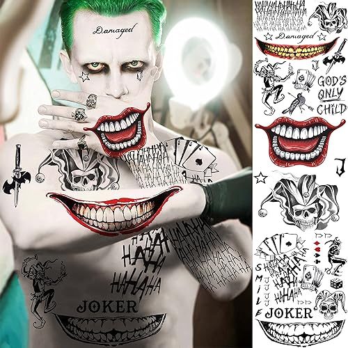 Miniatura 3 de VANTATY 5 hojas de tatuajes temporales 3D de Halloween Joker para hombres, mujeres y adultos, disfraz de payaso dañado tatuaje Joker, calcomanías de