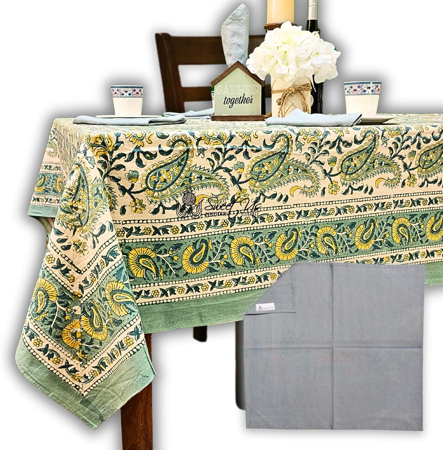 Sweet Us Parisian Paisley Floral Cotton Block Print Tablecloth Rectangle & One Plain Napkin, Floral Kitchen Dining Table Cloth, Table Cover for Indoor & Outdoors, Emerald Riviera, 68 x 102 in