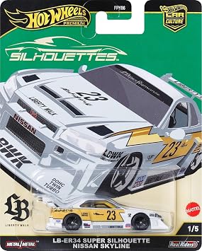 Hot Wheels Premium Car Culture Collectible Toy Car, 164 Scale Die-Cast LB-ER34 Super Silhouette Nissan Skyline, Silhouettes Vehicle with Real Riders Tires 1/5