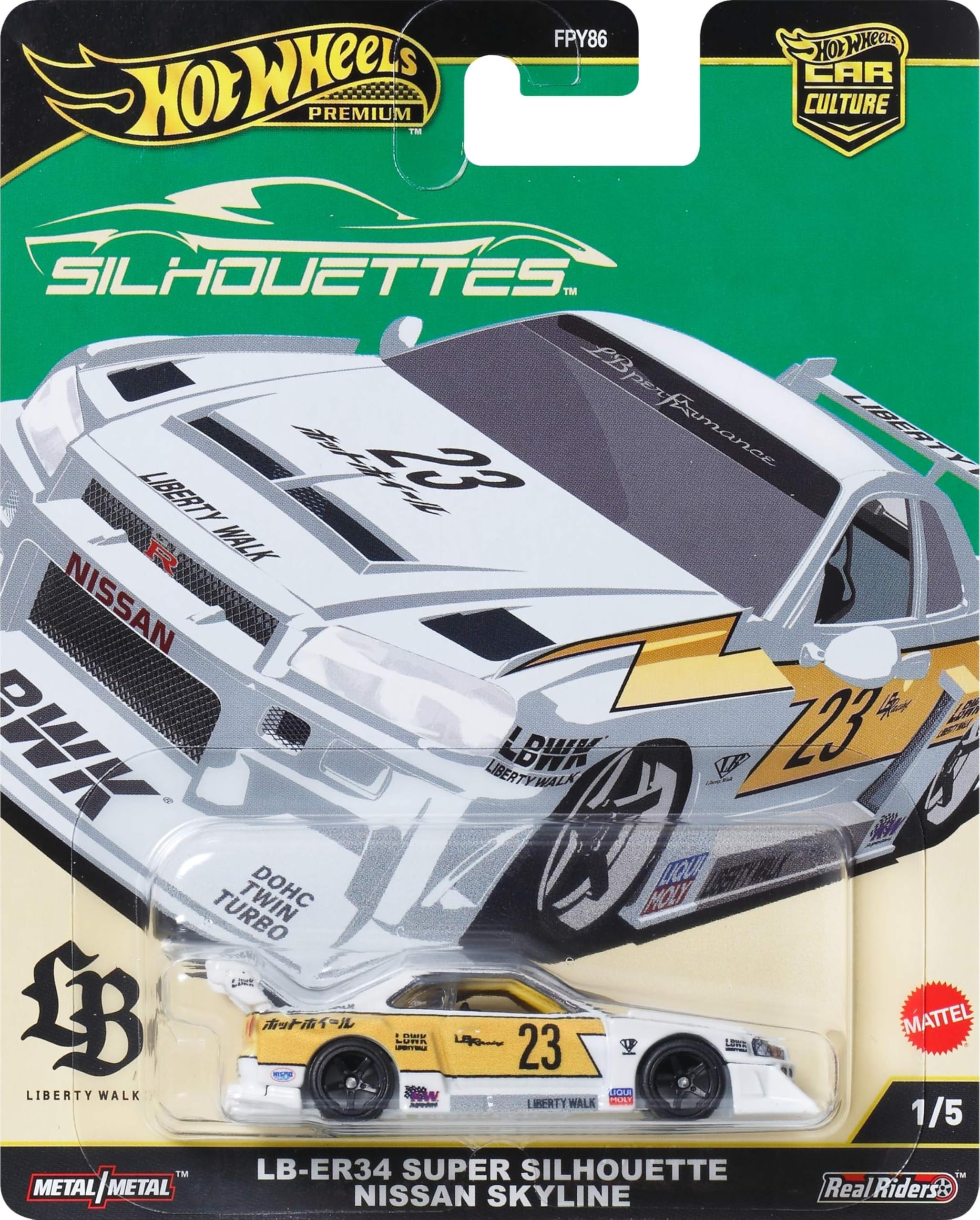 Premium Car Culture Collectible Toy Car, 1:64 Scale Die-Cast LB-ER34 Super Silhouette Nissan Skyline, Silhouettes Vehicle with Real Riders Tires 1/5