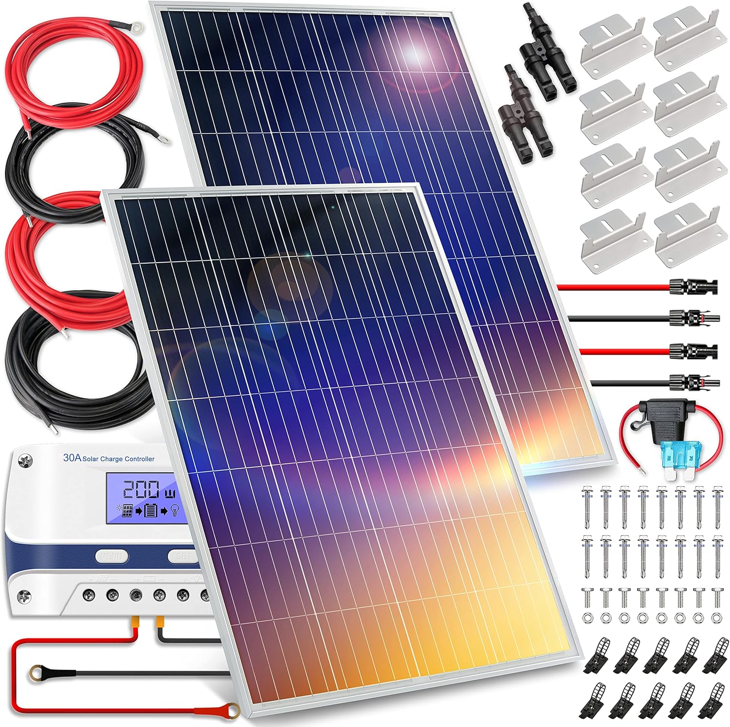 Serenelife 400 Watt 12V Portable Solar Starter Kit with 2 Pcs 200W Monocrystalline Set and 30A PWM Controller for RV, Trailer, Camper, Boats, Marine