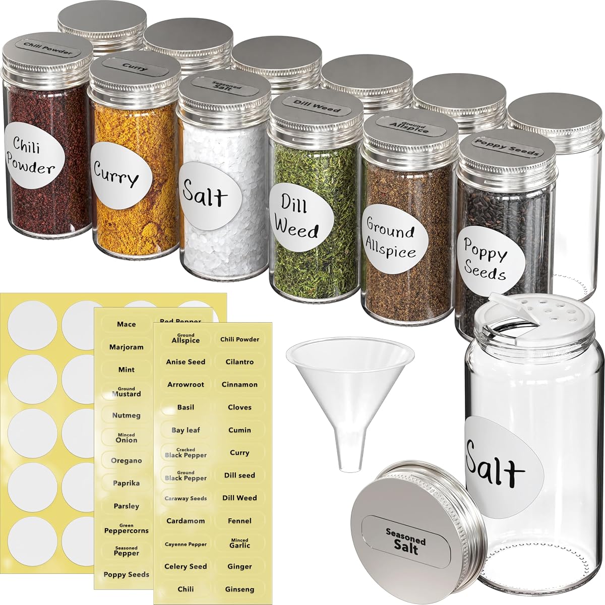 Frascos de especias Botellas de vidrio redondas de 3 oz, paquete de 12 | 3 onzas, con tapas agitadoras, embudo y etiquetas para sazonar y almacenar