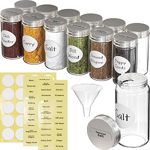Simple Houseware Spice Jars 12 Pack-3oz Glass Round Bottles with Labels | 3 Ounce, with Shaker Lids, Funnel and Labels for Seasoning & Storage
