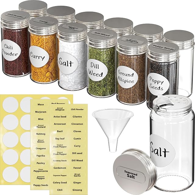 Simple Houseware Spice Jars 12 Pack-3oz Bouteilles rondes en verre avec étiquettes 3 Ounce, avec shaker Lids, entonnoir et étiquettes pour l'assaisonnement & Stockage