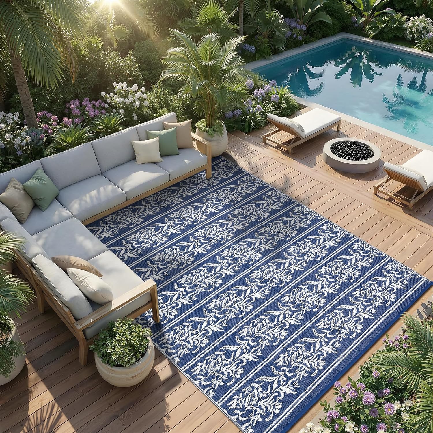 Garvee Outdoor Rugs 5x8 Waterproof Reversible Mat Boho Leaf Patio Rug with 4 Stakes and Starage Bag, Large Outdoor RV Mat Rugs for Camping, Picnic, Balcony, Deck, Backyard, Navy Blue & White