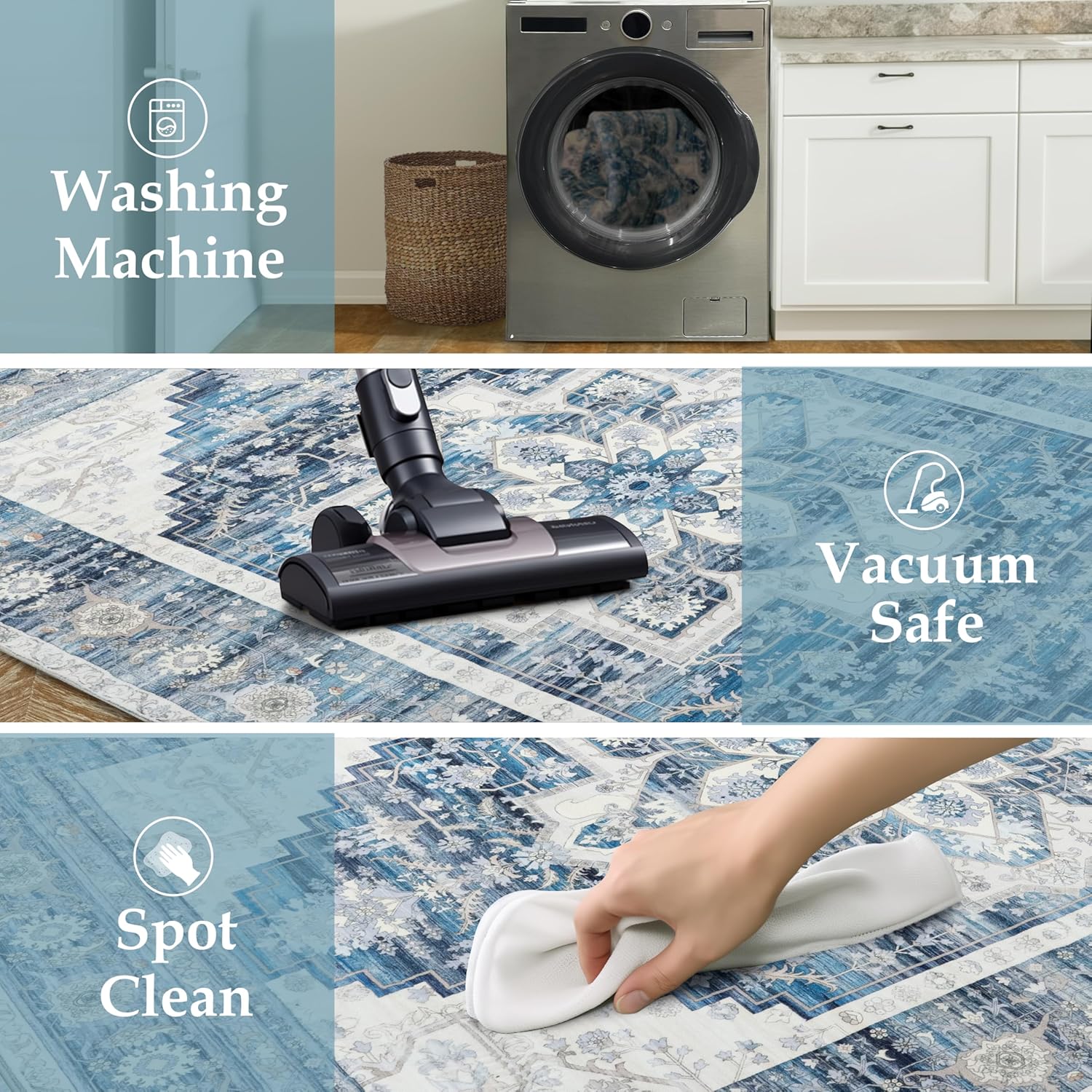 DriftAway Area Rug 5x7 Washable Rugs for Living Room Non Slip Rubber Backing Low Pile Non Shedding Carpet Friendly Boho Foldable Vintage Rugs for Bedroom Dining Room Navy Blue