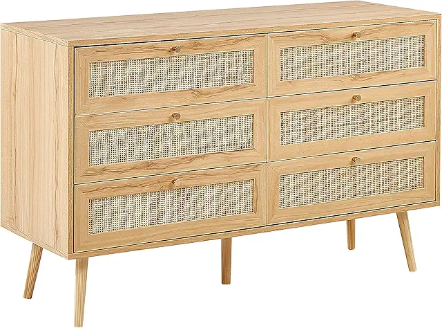 Rattan 6-Drawer Bohemian Dresser - Light Wood Perote Chest