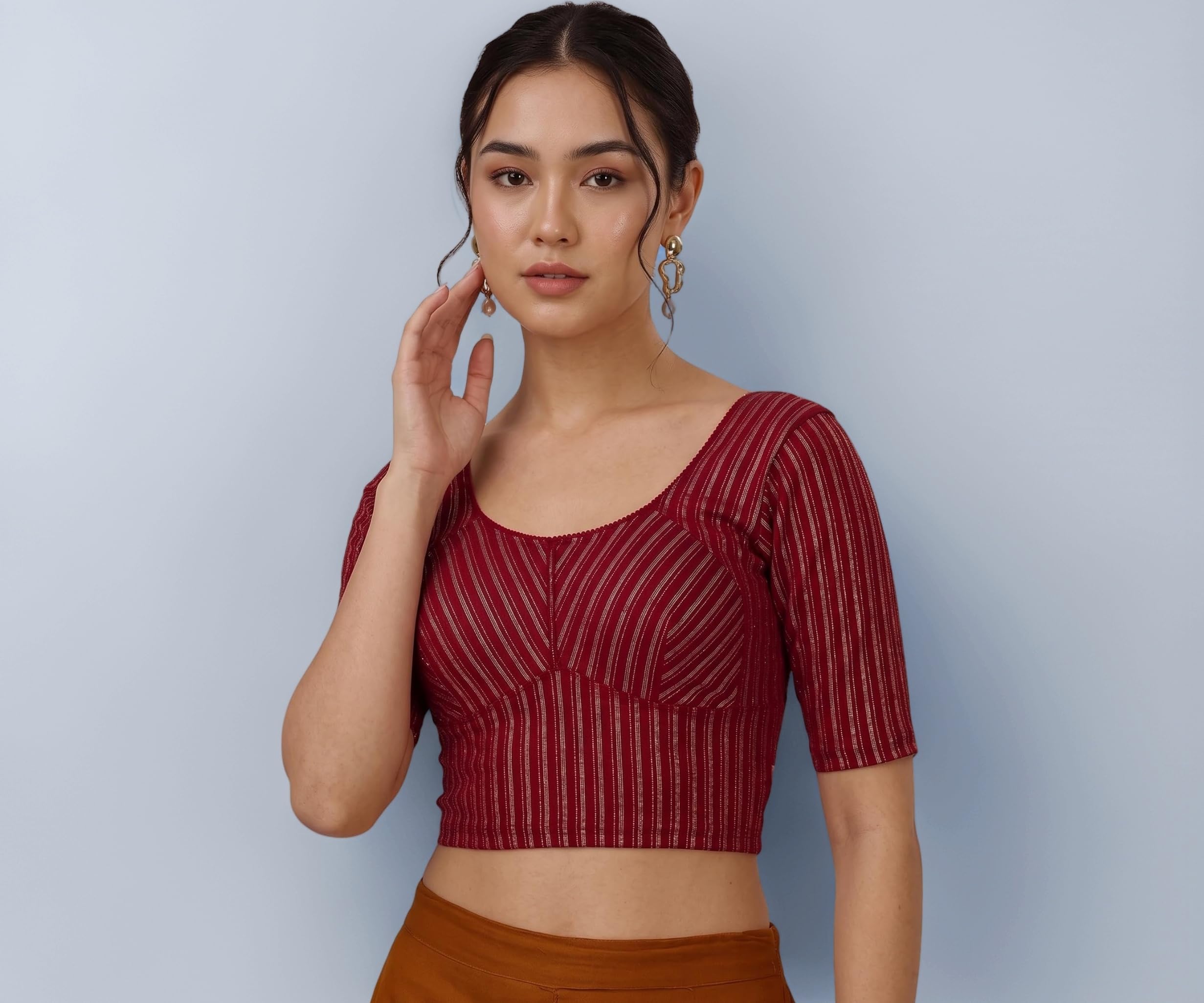 SFT Women's Coton Lycra Blend Readymade Saree Blouse with Round Neck Half Sleeves Regular Fit Knit Weave Striped Pattern and Short Length