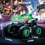 BEZGAR Monster Truck avec lumière et musique, Jouets de dinosaure Voiture RC, Jouets de Monster Truck à l'échelle 1:20 avec rotations à 360° et dérapages, Voiture télécommandée pour enfants (Vert)