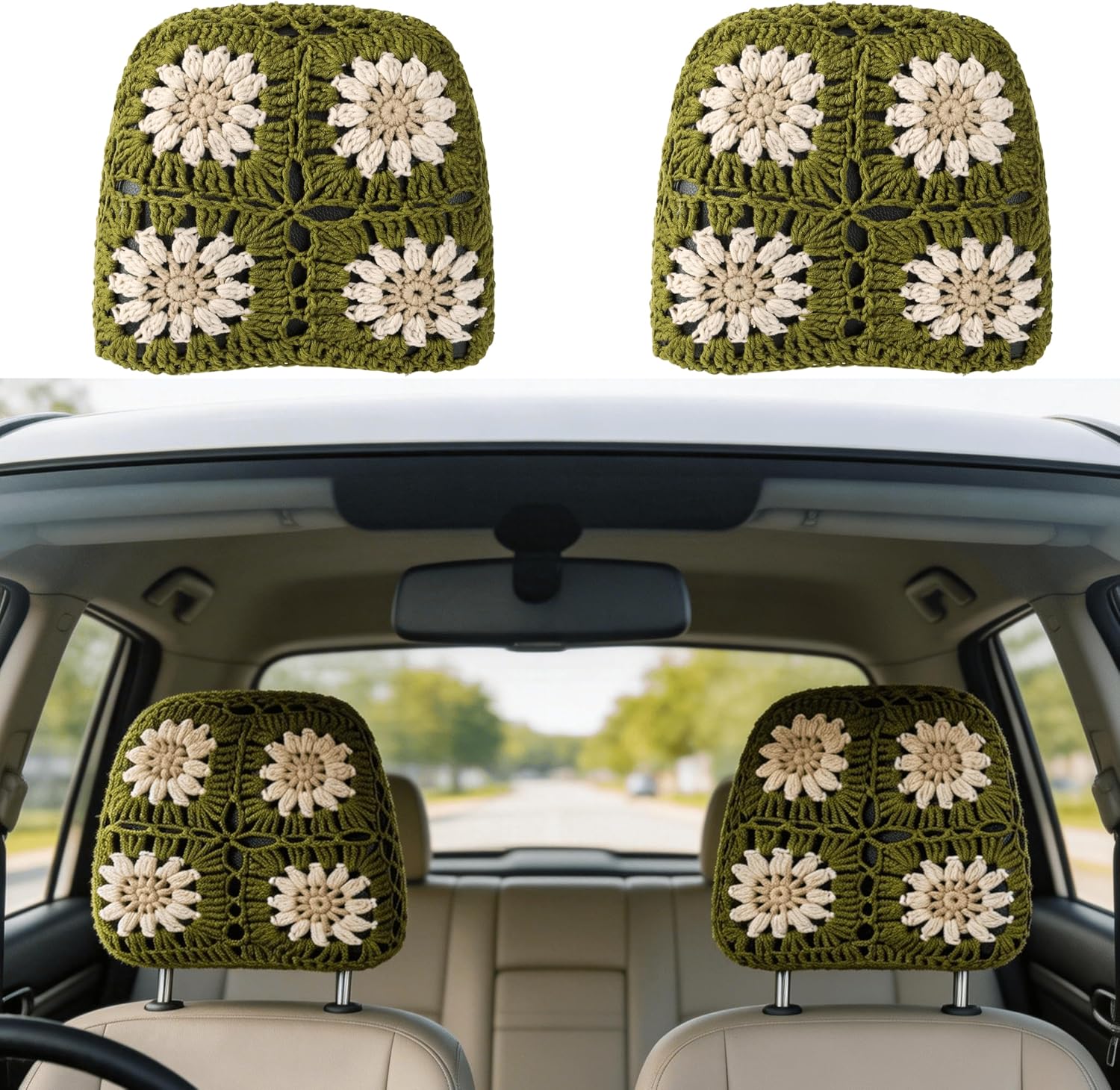 2 Pcs Crochet Sunflower Car Headrest Covers, Aesthetic Boho Granny Square Knitted Headrest Protector, Cute Car Interior Accessories for Women, Universal Fit Sedans, SUVs, Trucks (08-Sunflower)