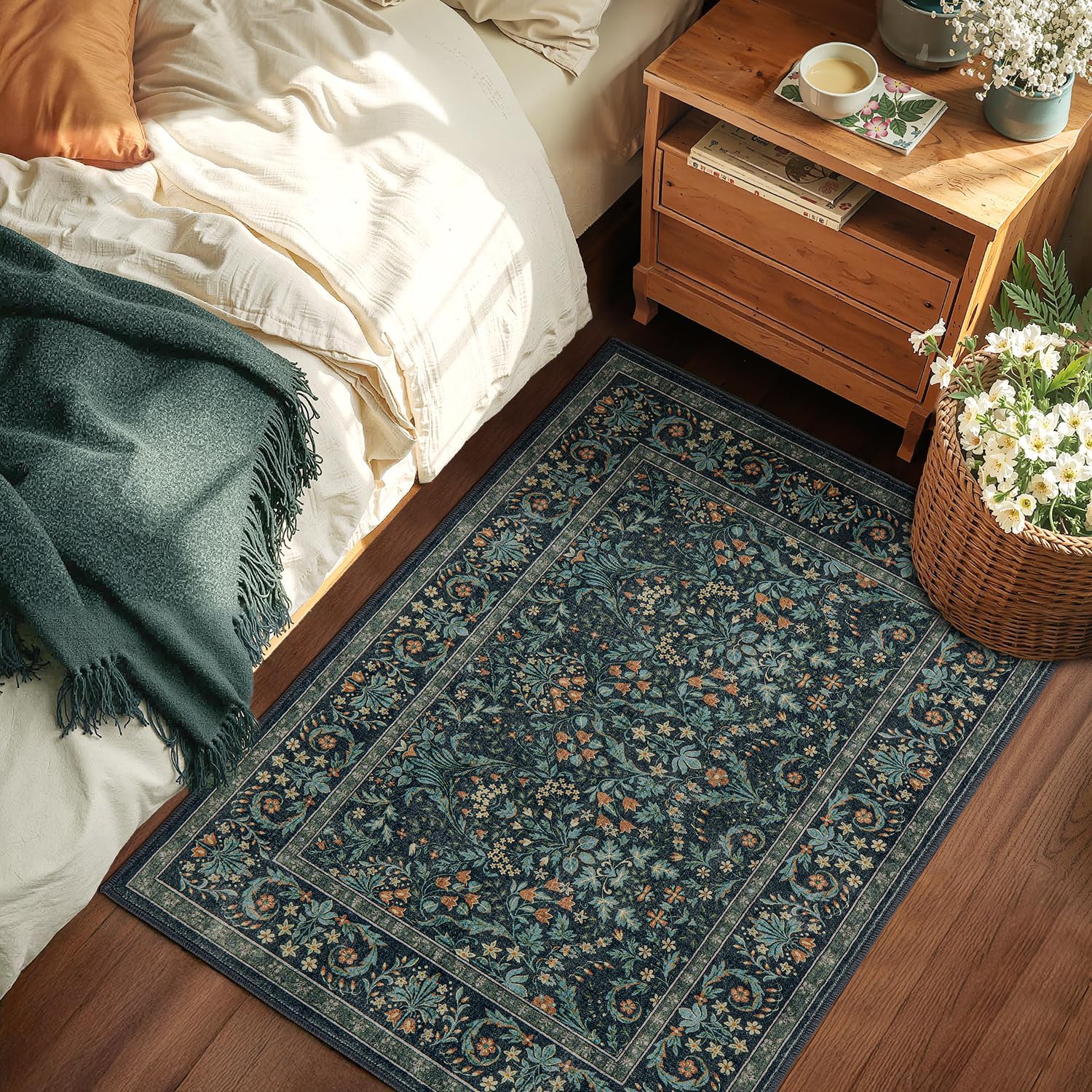 Woaboy Washable Entry Rug 2x3 Front Door Throw Rugs Vintage Floral for Entryway Kitchen Bathroom Door Mat Indoor Entrance,Non-Slip Low Pile Stain Resistant Soft Dark Green/Navy/Black - Image 6