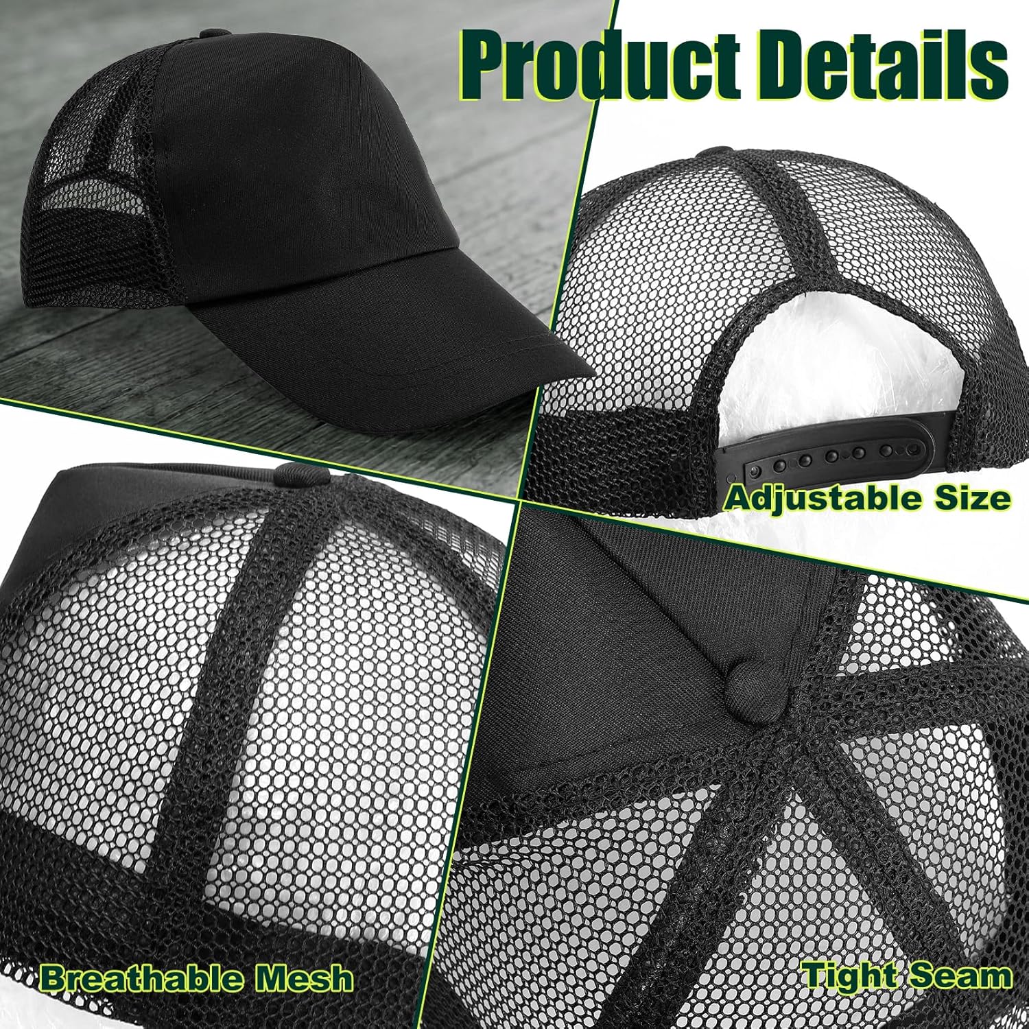 12Pack Mesh Trucker Hats, Bulk Black Trucker Cap Adjustable Baseball Caps for Men Women, 21-24In Head Circumference