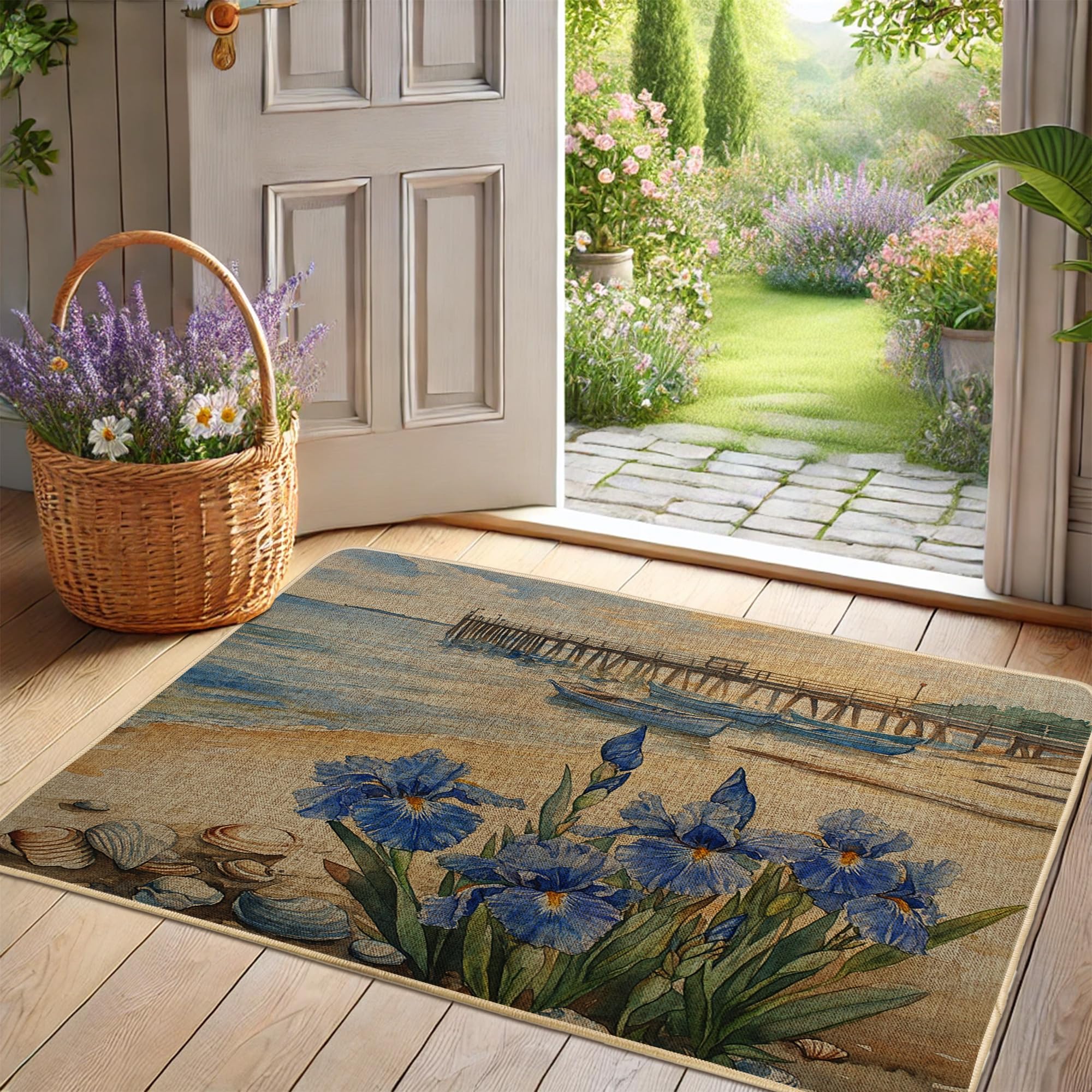 Coastal Iris Floral Door Mat, Blue Flowers Doormat for Outdoor & Indoor Entrance Summer Decor, Rubber Waterproof Non-Slip Dust Absorbent Front Doormat