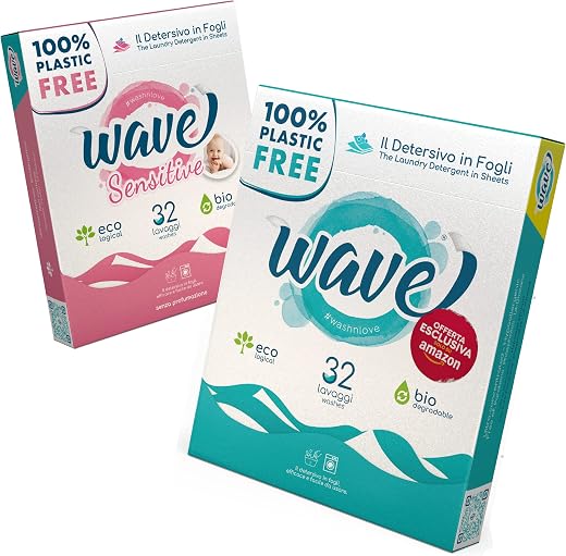 Wave Washing Family Box – Detergent Sheets – 100% Plastic Free – 64 Washes – Made in Italy – Classic & Sensitive – Ecological – Biodegradable – Compostable