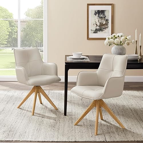 Miniatura 5 de Art Leon Silla giratoria moderna de mediados de siglo, silla de escritorio de oficina en casa, sin ruedas, sillón tapizado de cuero genuino con