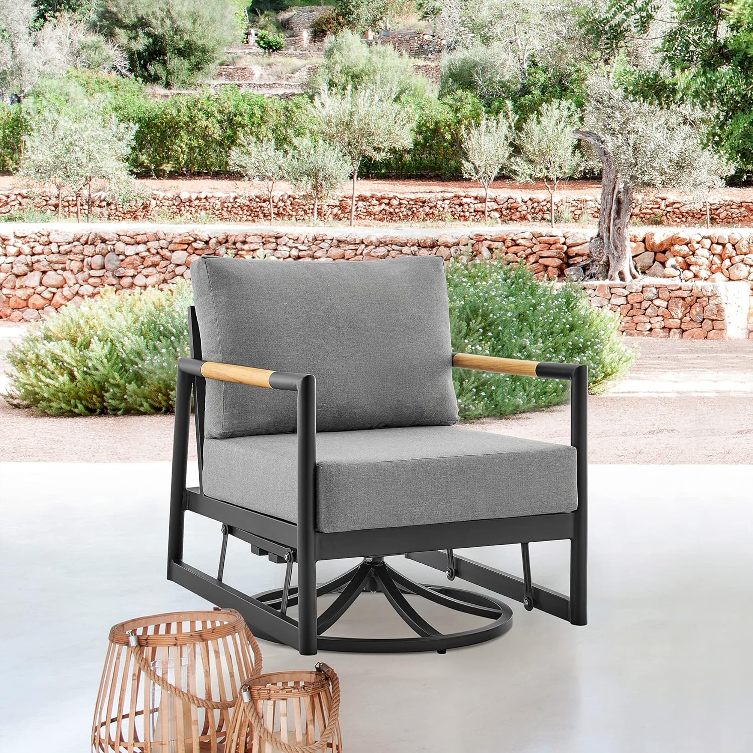 Black Aluminum Patio Swivel Glider Lounge Chair with Teak Wood Armrests, 360° Swivel and Rocking Motion, Gray Cushion, No Assembly for Deck