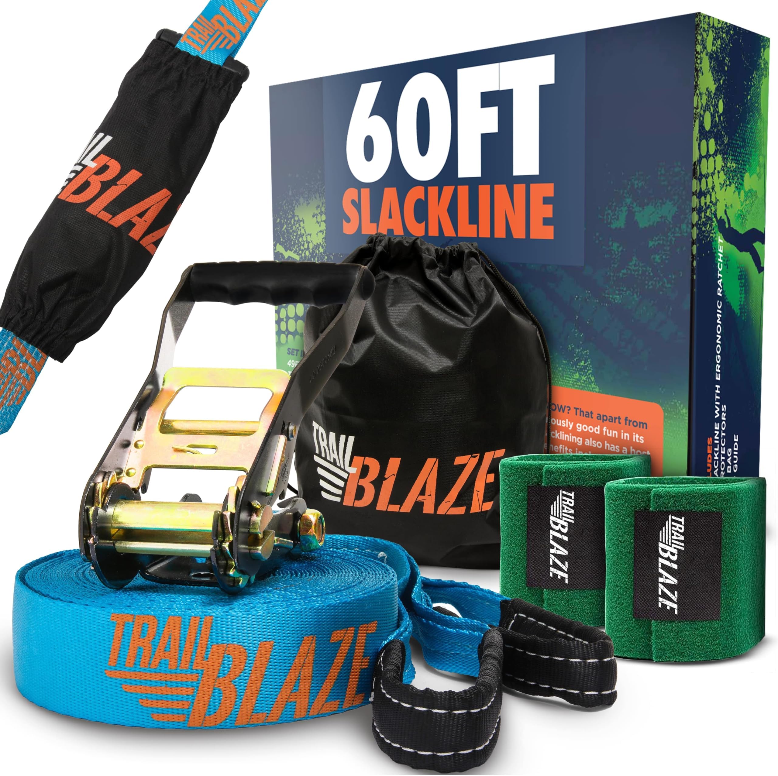 Trailblaze (Without Training Line) - Slackline Kit with Tree Protectors, Ratchet Cover + Carry Bag - Perfect Slackline Beginner Kit for Family Healthy Fun - Easy Setup 15m Slack Line