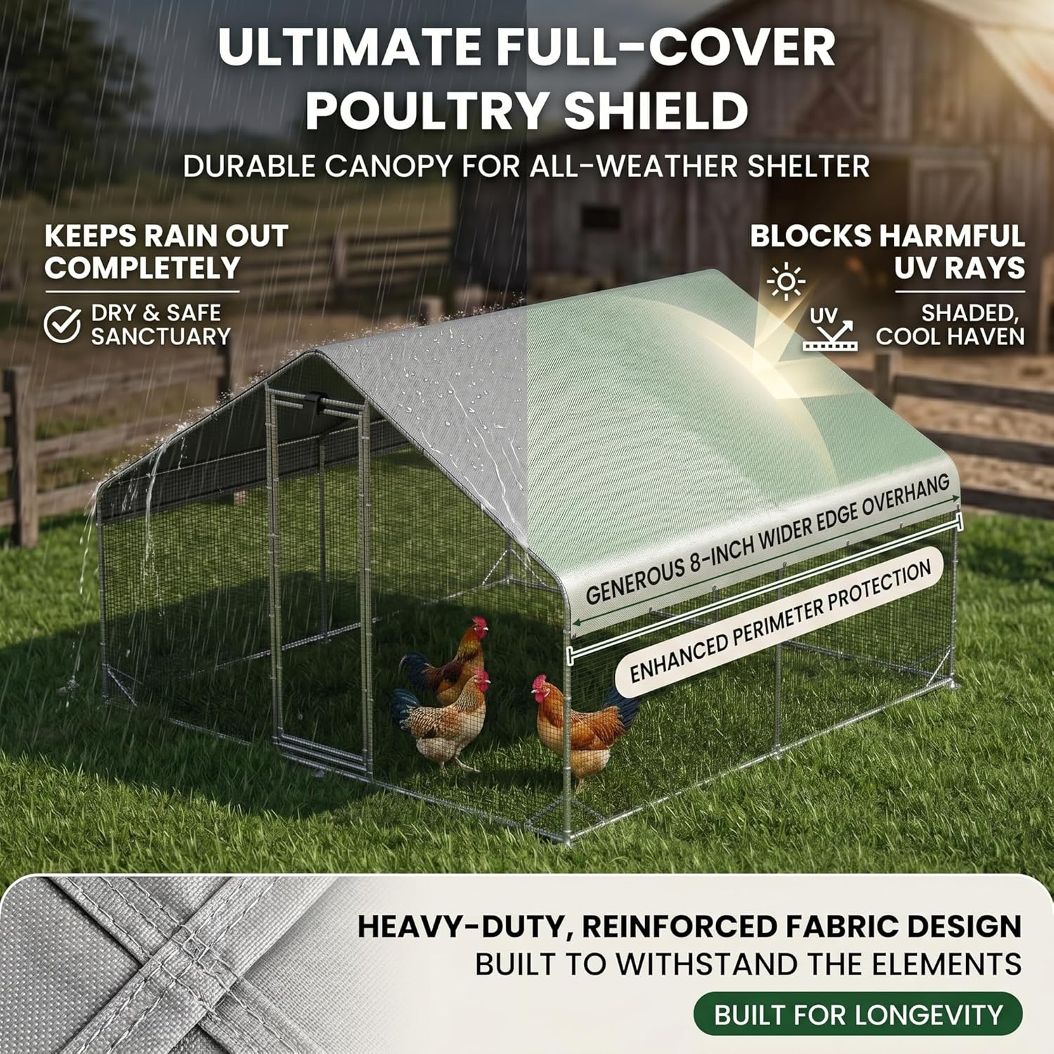 Heavy Duty Metal Chicken Coop with Hardware Cloth, Walk-in Poultry Cage with Solar Light, Waterproof Anti-UV Cover, Large Outdoor Chicken Run for Hen Duck Rabbit