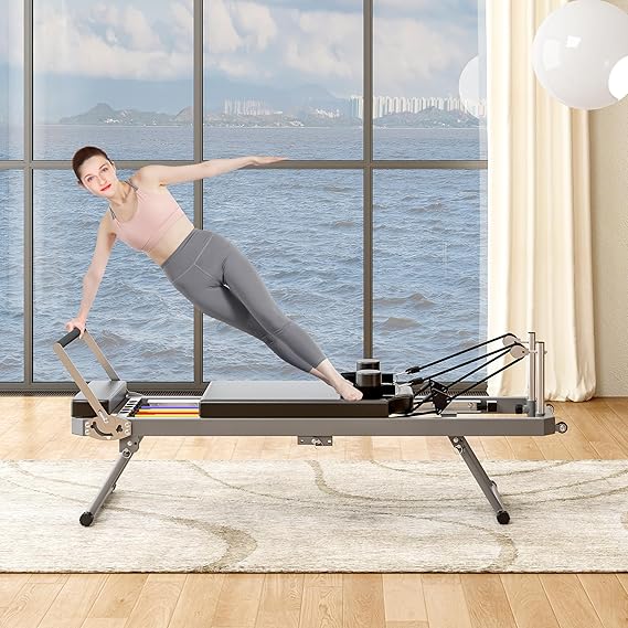 Foldable Pilates Reformer Workout Machine for Home and Gym, Pilates Exercise Machine with 11 Strength Options Up to 330lbs Weight Capacity Easy Assembly