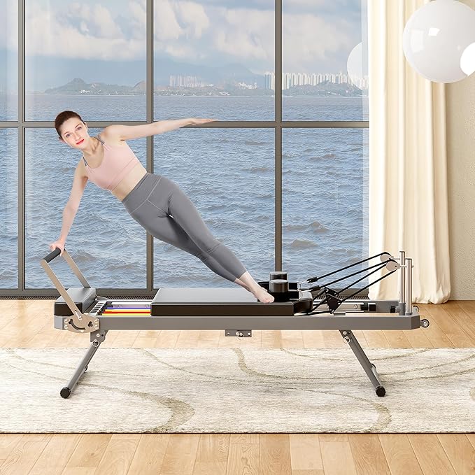 Foldable Pilates Reformer Workout Machine for Home and Gym, Pilates Exercise Machine with 11 Strength Options Up to 330lbs Weight Capacity Easy Assembly
