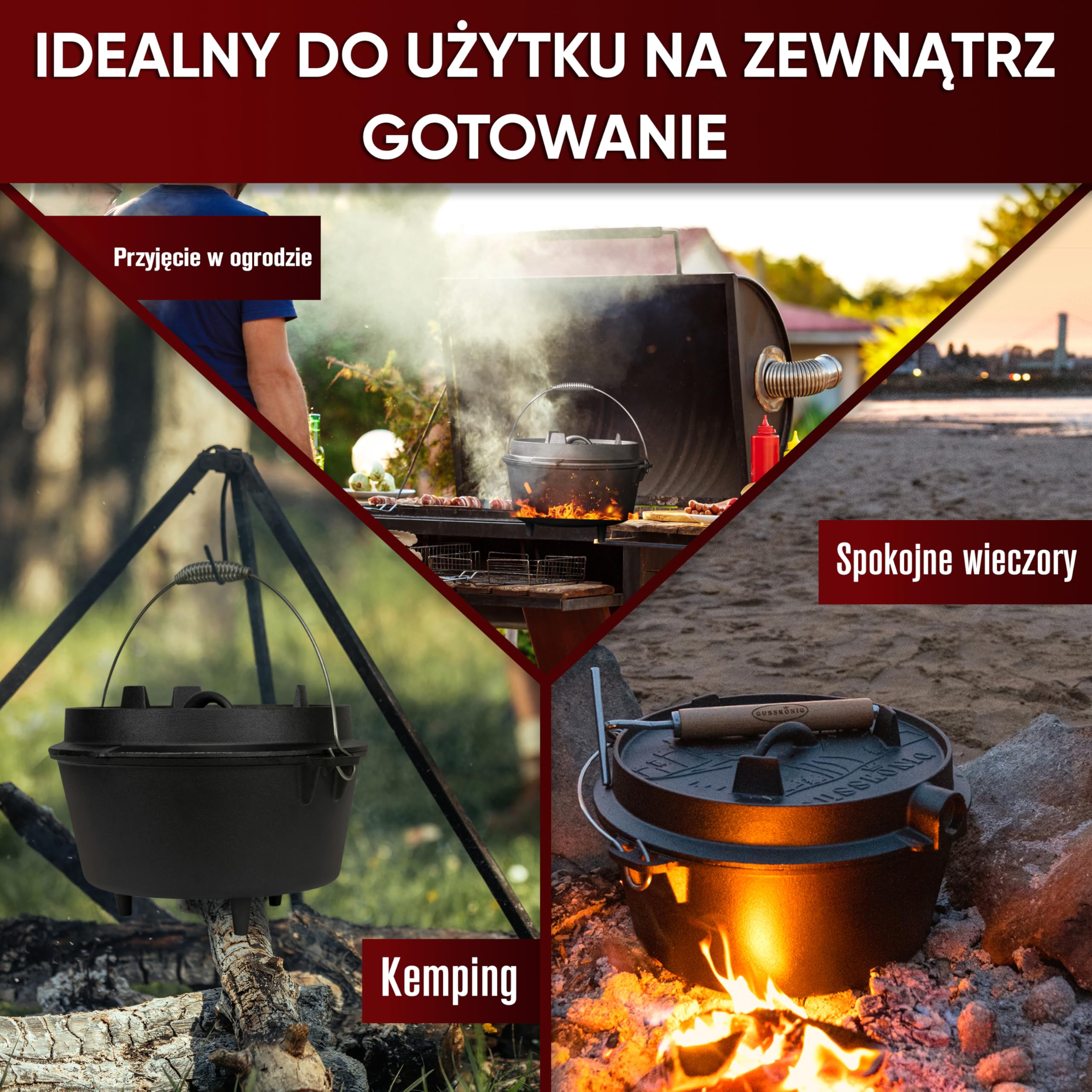 Gusskönig Dutch Oven 7 litrów żeliwny garnek z nóżkami zestaw z podnośnikiem
