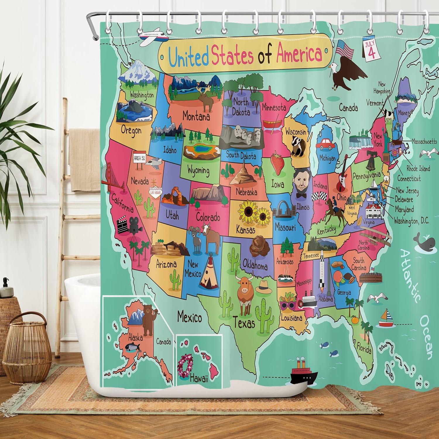 American Map Shower Curtain Fun Kids Bathroom Shower Curtain Set World Map for Kids Shower Curtains Cloth Fabric Shower Curtain